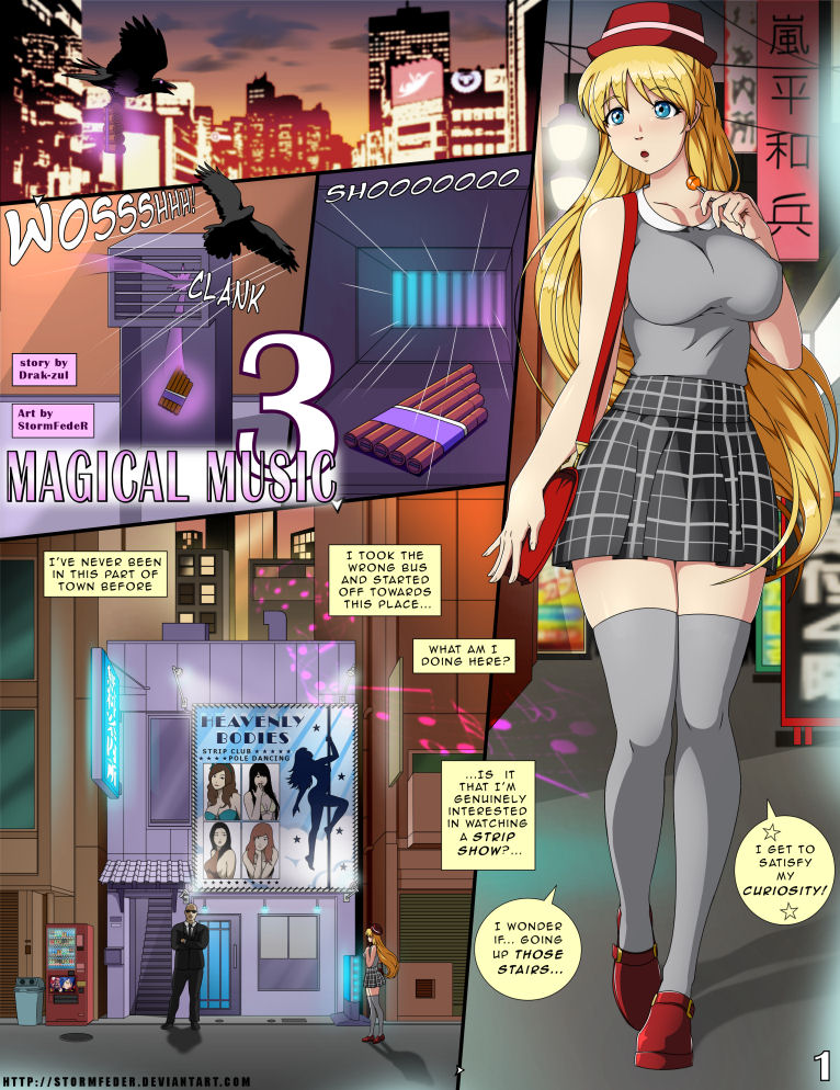 bishoujo senshi sailor moon, black skirt, blonde hair, blue eyes, breasts, clothing, comic, dialogue, female, grey legwear, grey thighhighs, legs together, lollipop, long hair, minako aino, page 1, plaid skirt, skirt, small breasts, speech bubble, stockings, stormfeder, strip club, thighhighs