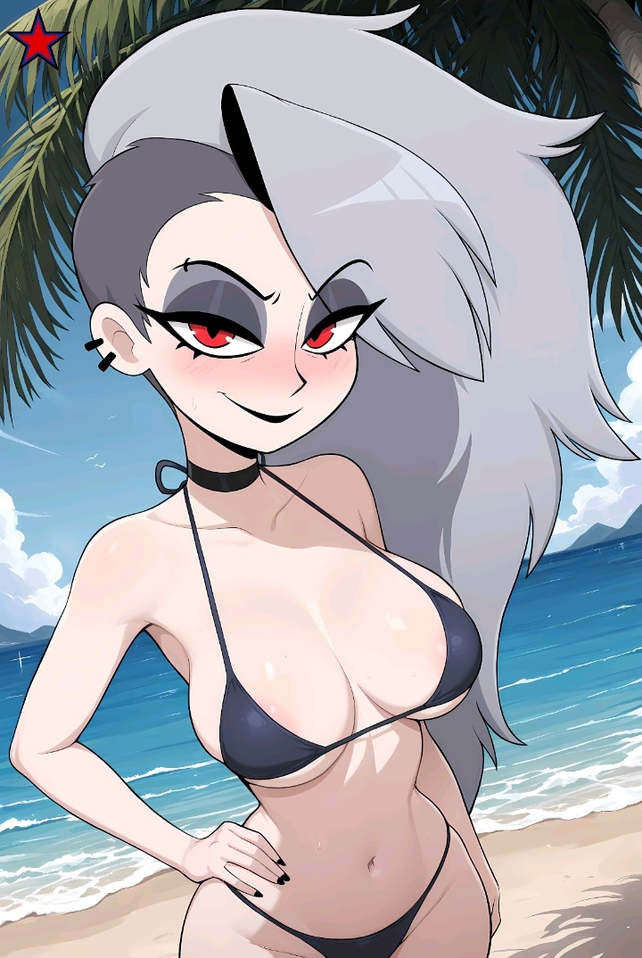 1girls 2025 ai_assisted ai_generated back-tie_bikini beach big_breasts bikini bikini_top black_bikini blue_sky blush bra deviantart_link ear_piercing evil_smile female female_only grey_hair halter_bikini halterneck hand_on_hip helluva_boss human human_form humanized large_breasts light-skinned_female looking_at_viewer loona_(helluva_boss) makerdeviant pale-skinned_female palm_tree panties piercing pointy_nose red_eyes smile solo vivienne_medrano white_hair