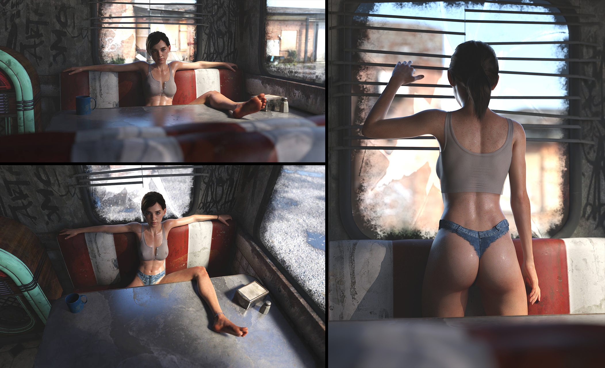 1girls, 3d, 3koma, abs, ass, athletic, athletic female, barefoot, breasts, brown hair, bubble ass, bubble butt, crop top, dboxx, diner, ellie (the last of us), ellie williams, feet, female, female focus, female only, hourglass figure, jean shorts, jukebox, legs, medium breasts, midriff, multiple views, naughty dog, rear view, shirt, shorts, skimpy, skimpy clothes, skinny, soles, table, tagme, teenager, the last of us, the last of us 2, thighs, toes, toned, toned female, wide hips, window