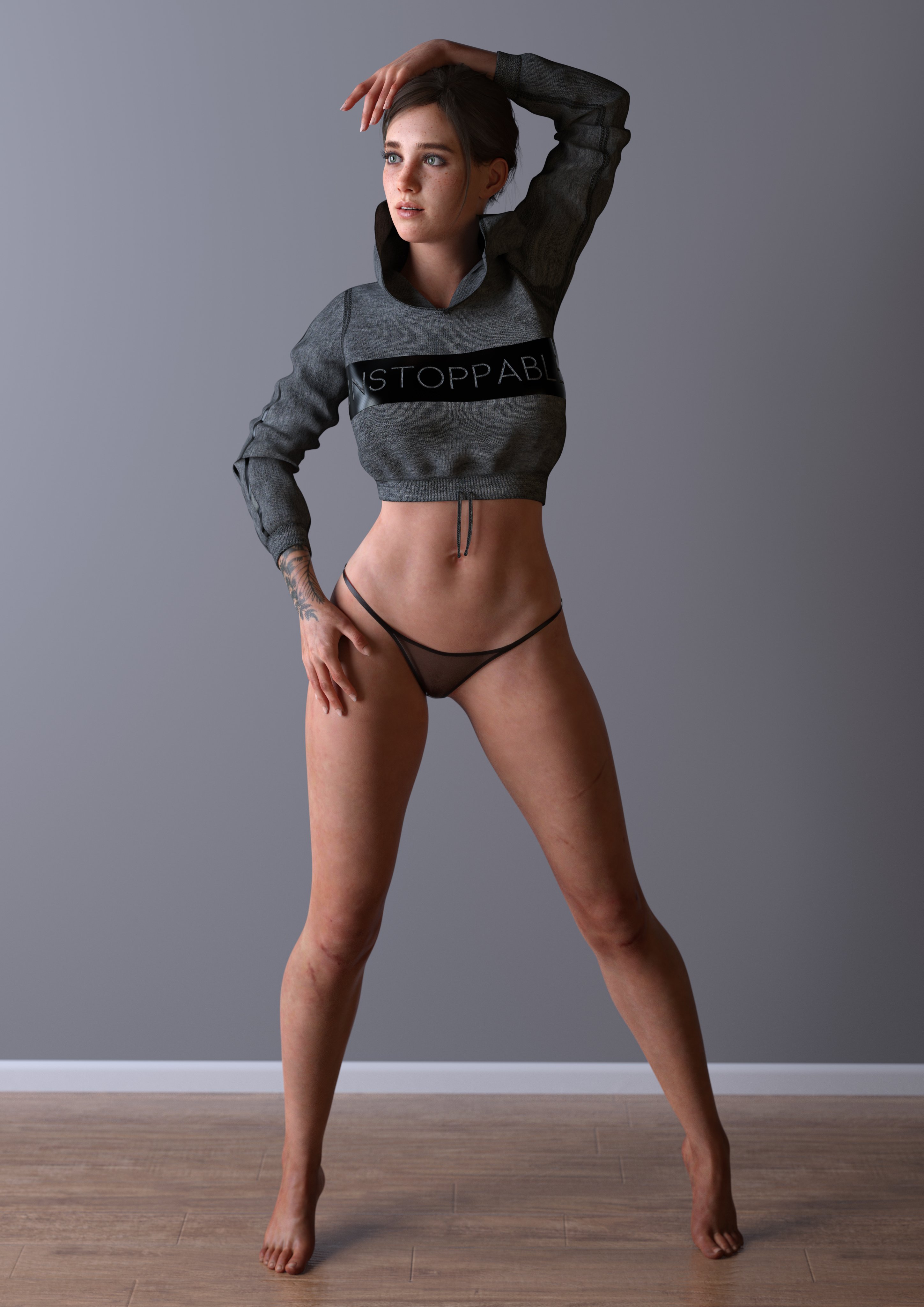 1girls, 3d, athletic, athletic female, barefoot, blue eyes, bottomless, breasts, brown hair, ellie (the last of us), ellie williams, feet, female, female focus, female only, fit, fit female, freckles, full body, hoodie, hourglass figure, jacket, legs, medium breasts, midriff, navel, panties, pantsless, pinup, pinup pose, shirt, skinny, slim, slim waist, standing, tagme, the last of us, the last of us 2, thighs, thong, toes, viaphobia, wide hips