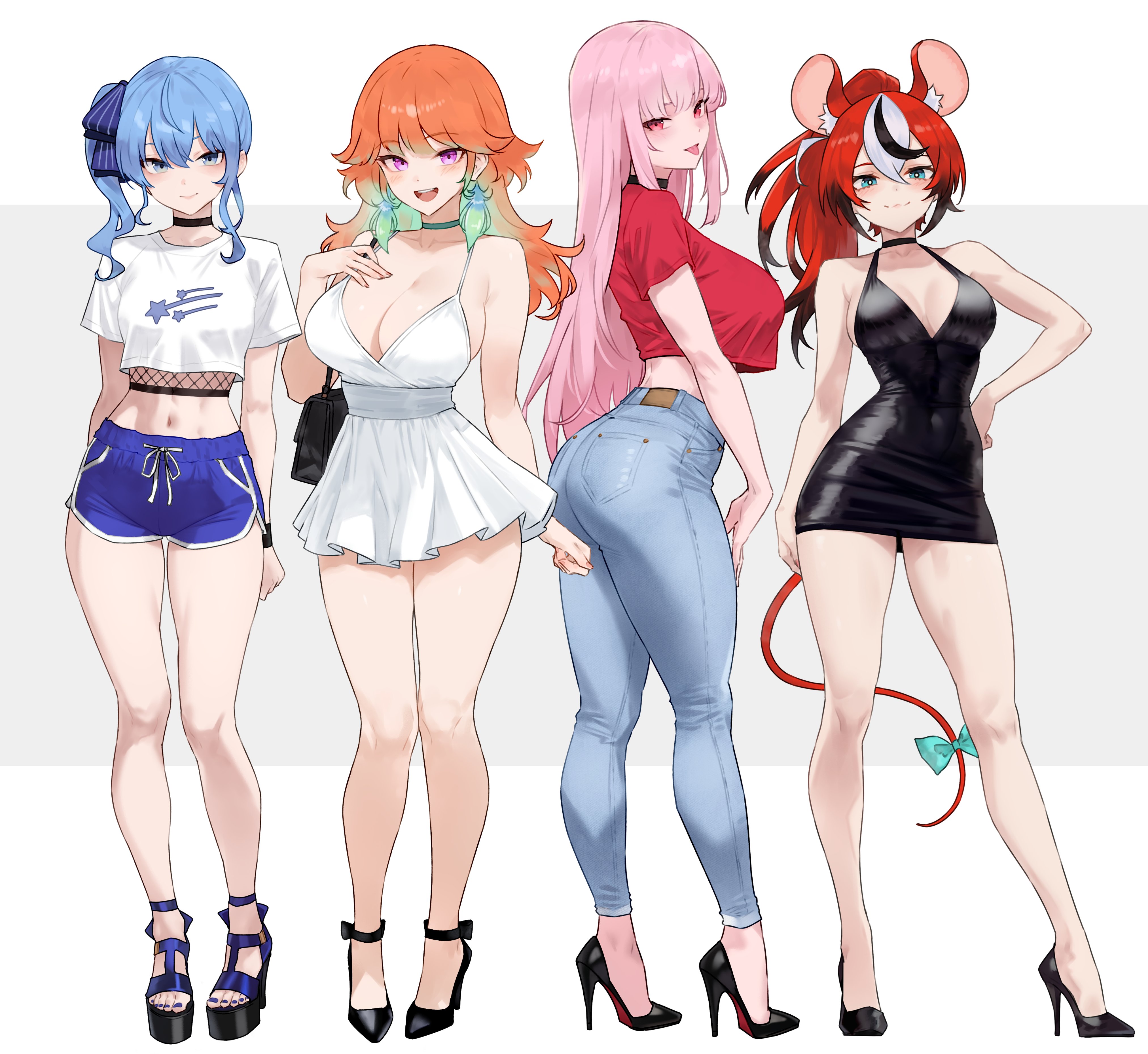 :3, :d, :p, 4girls, absurdres, alternate costume, animal ears, ass, bag, bare arms, bare legs, black choker, black dress, black hair, black sandals, black shoes, blue eyes, blue hair, blue nails, blue shorts, bluefield, blush, bodycon, bow, breasts, choker, cleavage, closed mouth, contrapposto, crop top, crop top overhang, cropped shirt, denim, dolphin shorts, dress, earrings, feather earrings, feathers, feet, female, female only, fingernails, fishnet top, fishnets, full body, fully clothed, gradient hair, green choker, green feathers, green hair, grey background, hair between eyes, hakos baelz, hand up, handbag, heart, high heel sandals, high heels, highres, hololive, hololive english, hololive english -council-, hololive english -promise-, hololive gen 0, hololive japan, hololive myth, hoshimachi suisei, jeans, jewelry, large breasts, legs, letterboxed, long hair, looking at viewer, looking back, midriff, mori calliope, mouse ears, mouse girl, mouse tail, multicolored hair, multiple females, multiple girls, nail polish, navel, open mouth, orange hair, outside border, pants, pink hair, platform heels, platform sandals, red eyes, red hair, sandals, sfw, shirt, shoes, short dress, shorts, side ponytail, simple background, sleeveless, sleeveless dress, smile, spaghetti strap, standing, star (symbol), star in eye, stomach, strappy heels, streaked hair, streetwear, symbol in eye, tail, tail bow, tail ornament, takanashi kiara, tight clothes, tight dress, toenail polish, toenails, toes, tongue, tongue out, very long hair, virtual youtuber, wedge heels, white dress, white hair, white shirt