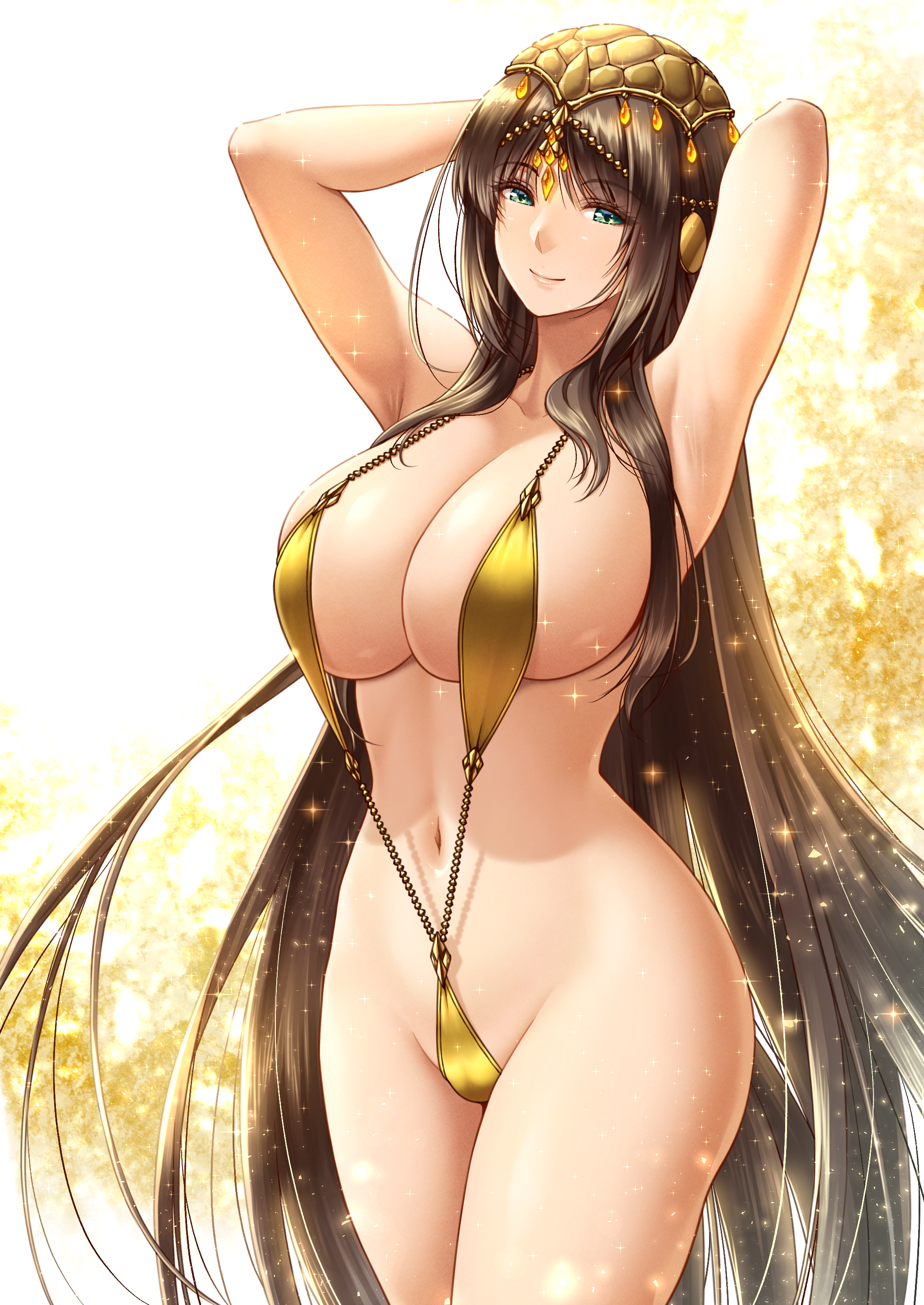 1girls, armpits, arms up, big breasts, blue eyes, brown hair, cleavage, deity, female, female only, gaia (greek mythology), gaia (mythology), goddess, gold (metal), gold bikini, gold jewelry, greek mythology, green eyes, headdress, headgear, headwear, huge breasts, jewelry, lioreo, long hair, looking at viewer, milf, one-piece swimsuit, original, sideboob, sling bikini, slingshot swimsuit, smile, solo, swimsuit, very long hair, wide hips