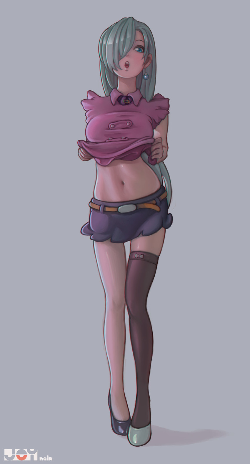 1girls, asymmetrical legwear, blue eyes, breasts, elizabeth liones, female, green hair, hair over one eye, large breasts, long hair, midriff, nanatsu no taizai, shirt lift, short skirt, skirt, solo, solo female, very long hair, waitress uniform, white hair