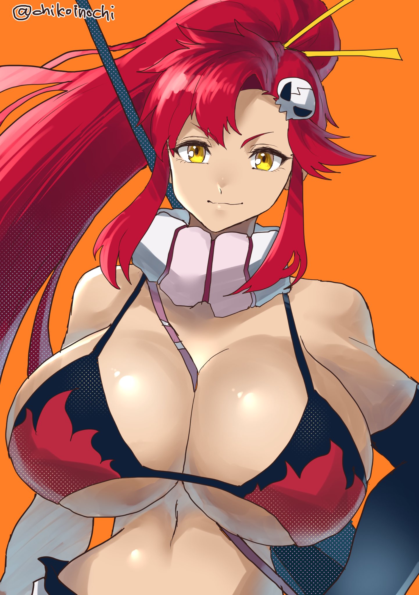 1girls bikini bikini_top_only bra breasts chikoinochi gloves gun highres huge_breasts long_hair looking_at_viewer ponytail red_hair rifle shorts smile sniper_rifle solo swimsuit tengen_toppa_gurren_lagann underwear weapon yellow_eyes yoko_littner