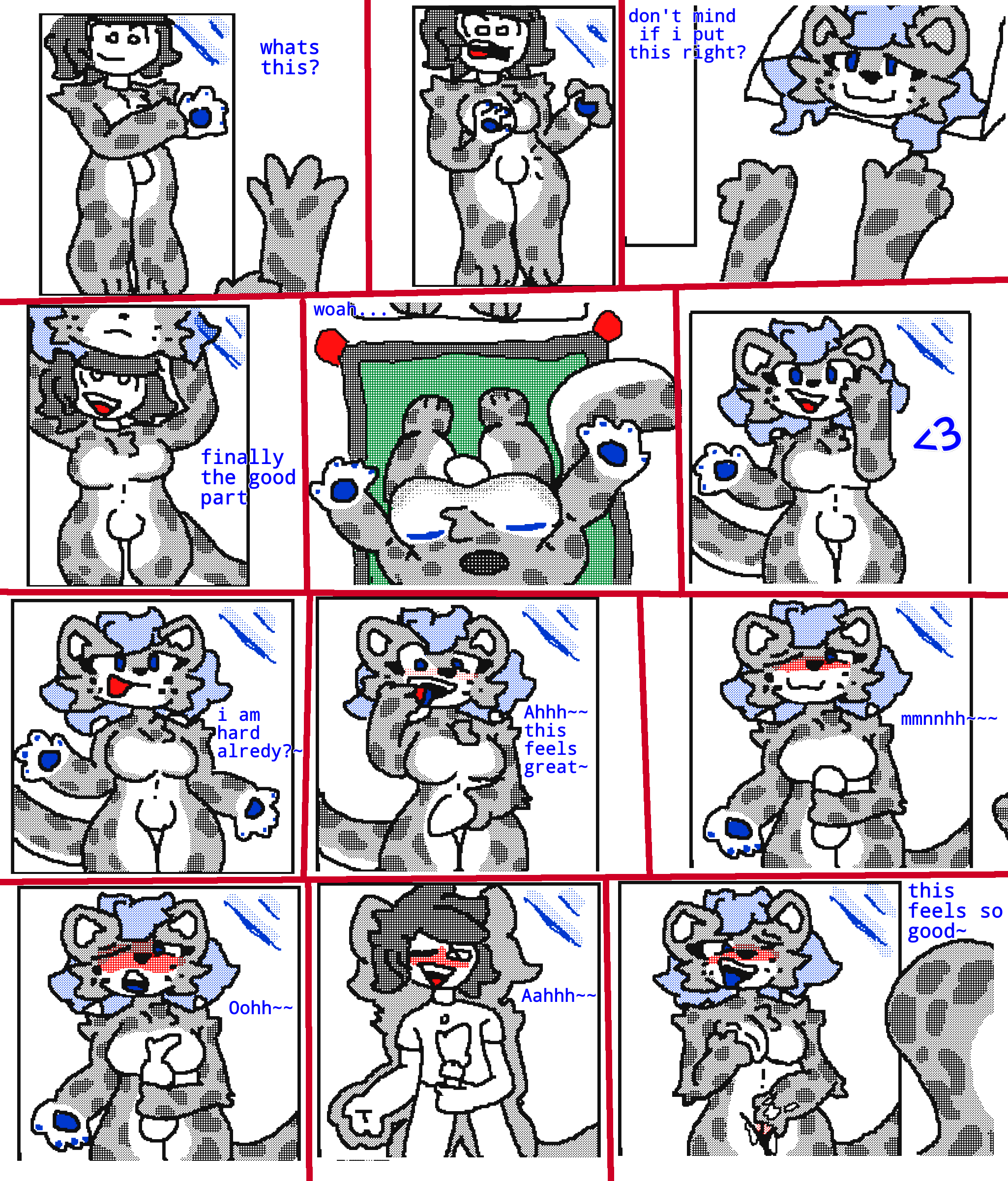 absurd_res animate_inanimate anthro blue_eyes blue_hair breast_grab breast_play breasts clothing comic costume dialogue digital_media_(artwork) felid flipnote_studio_(artwork) fursuit gender_transformation genitals hair hand_on_breast hi_res humanoid intersex intersex/male living_clothing male male/male mammal masturbation mirror moxxiecd pantherine snow_leopard solo suit tail takeover text tongue tongue_out transformation