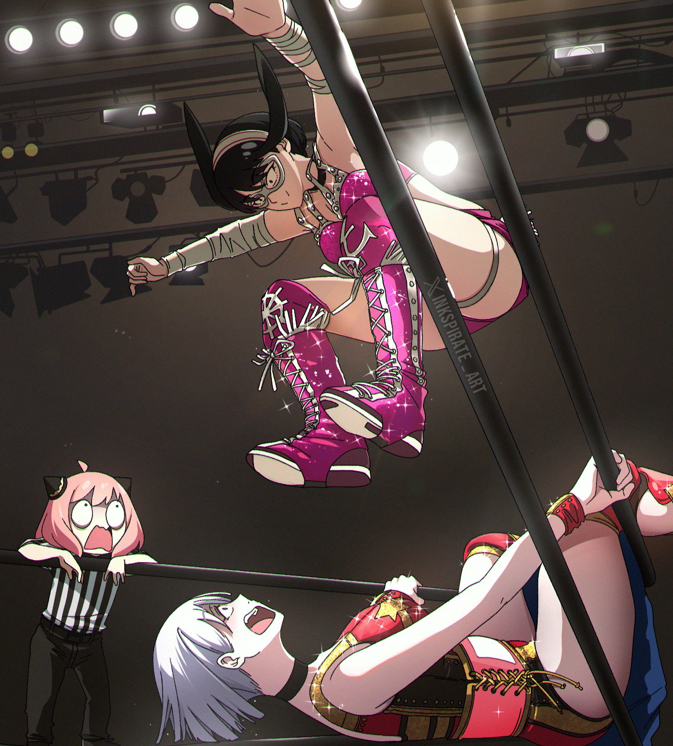 3girls, alternate costume, armpits, artist name, black choker, black hair, boots, c:, catfight, choker, commentary, domino mask, english commentary, female, fiona frost, hairpods, highres, indoors, inkspirate, jumping, lace-up boots, looking at another, mask, multiple females, multiple girls, o o, photo-referenced, pink boots, pink hair, red shirt, referee, rivalry, rivals, shirt, short hair, sleeveless, sleeveless shirt, smile, sparkle, spotlight, spy x family, stage lights, surprised, thighs, twitter username, twitter x logo, white hair, white mask, wide-eyed, wrestling, wrestling outfit, wrestling ring, yor briar, yor forger
