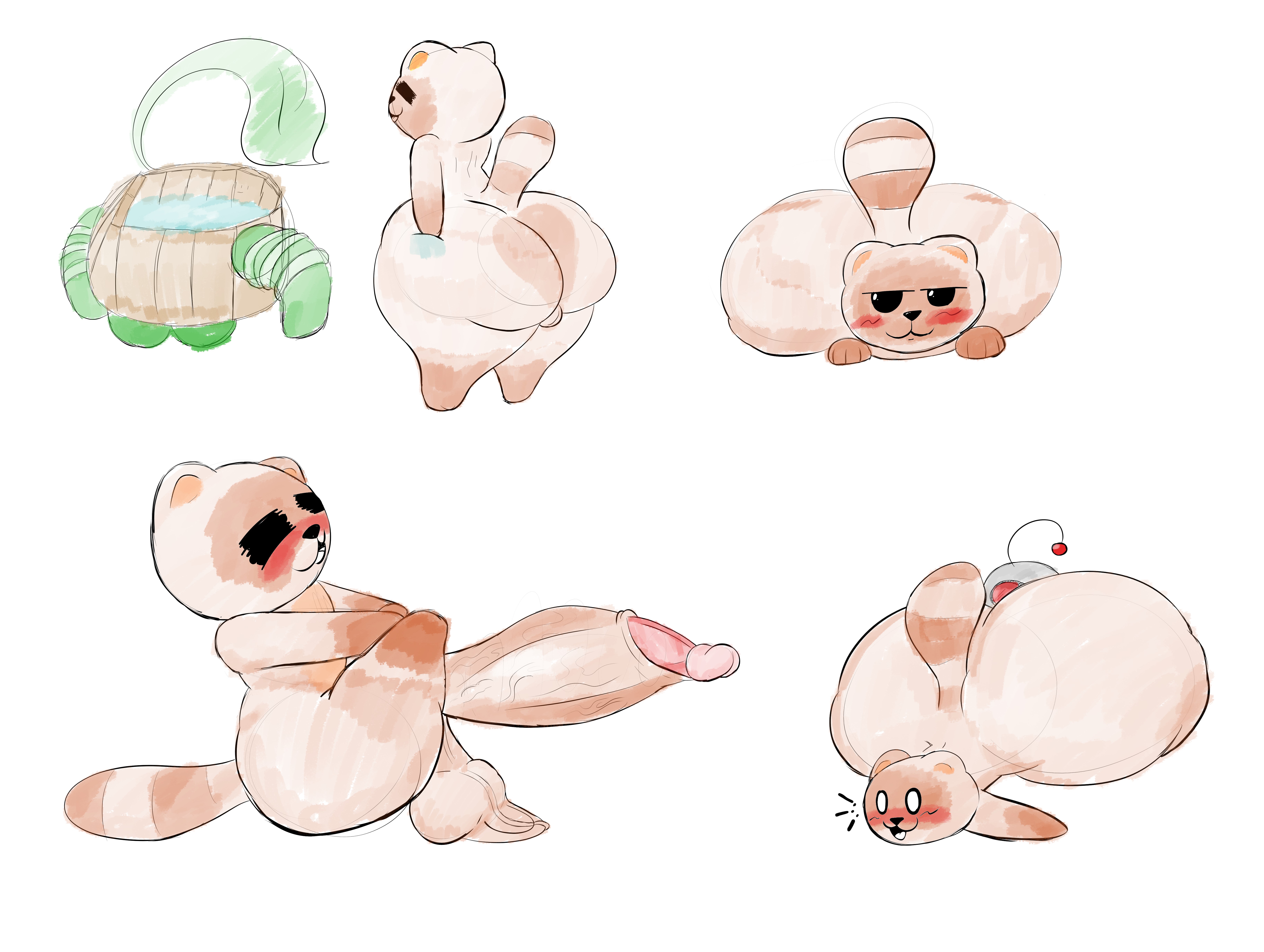 animal genitalia, artist, ass, balls, big ass, big balls, big butt, big penis, blush, brawl stars, canine, character, femboy, furry, g l4mb, gay, male, nude, penis, sprout (brawl stars), tanuki, tanuki sprout (brawl stars)