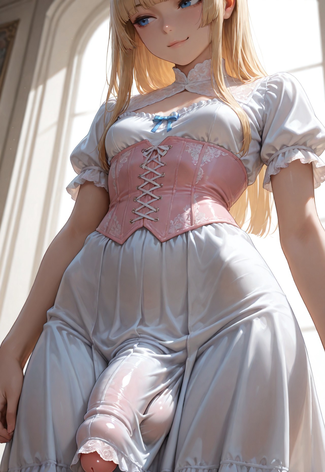 1futa, ai generated, balls, blonde hair, blue eyes, breasts, corset, dress, erection, erection under clothes, erection under dress, female, from below, futa only, futanari, hime cut, hime girl (jamesbron), indoors, intersex, jamesbron, large penis, long hair, looking away, low-angle view, no panties, penis, penis bulge, penis focus, penis peek, penis slip, penis under dress, pink corset, small breasts, smile, solo, solo futa, standing, taker pov, white dress, wide hips