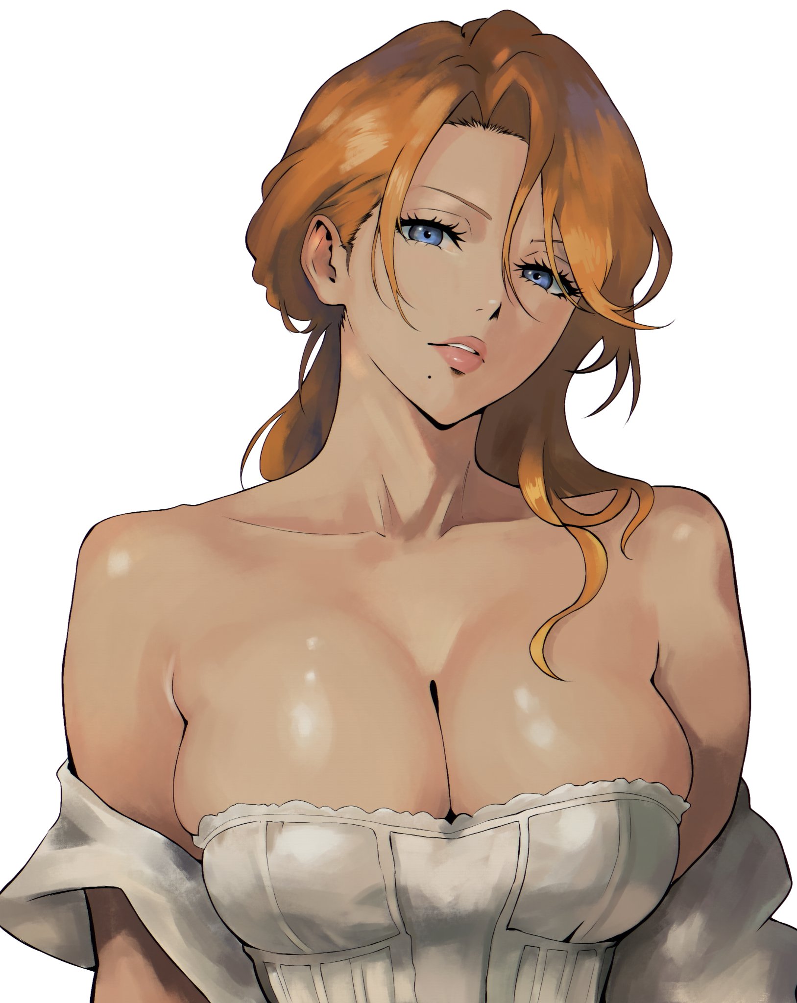 1girls, 2d, beauty mark, big breasts, bleach, blue eyes, breasts, cleavage, clothed, clothed female, color, female, female only, huge breasts, insomniaboin, large breasts, light skin, light-skinned female, matsumoto rangiku, mole, mole (marking), mole under mouth, orange hair, pouty lips, solo, solo female, tagme, victorian dress, white background