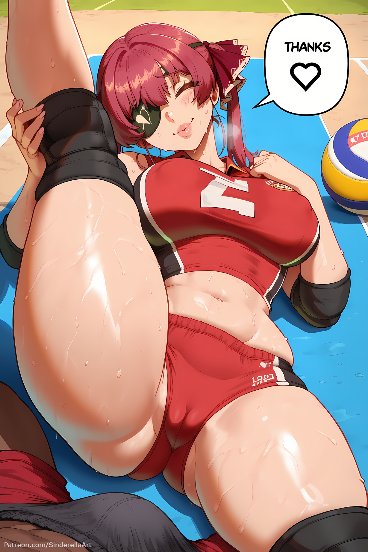 1boy, ai generated, ass, ball (object), blush, breasts, busty, cameltoe, caption, closed eyes, comic, comic page, commission, dialogue, english text, female, fit, heart, hololive, hololive fantasy, hololive japan, houshou marine, indie virtual youtuber, knee pads, large breasts, male, navel, patreon, patreon url, patreon username, pussy, red hair, sinderellaart, smile, solo focus, speech bubble, spoken blush, spoken heart, sweat, text, text bubble, thick, thick legs, thighs, toned female, virtual youtuber, volleyball uniform, volleyballthick thighs, voluptuous, vtuber, youtube, youtuber