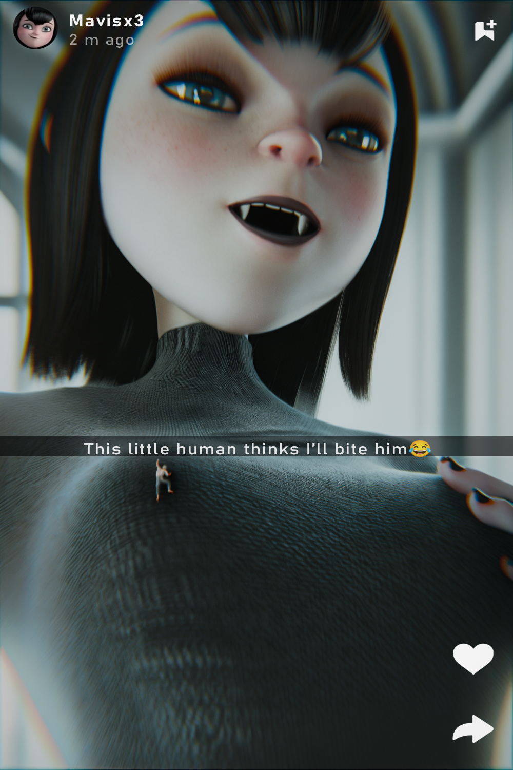 1boy 1girls 3d 3d_(artwork) black_hair black_hair_female clothed clothed_female fangs female giantess hotel_transylvania human human_male krieginax light-skinned_female light-skinned_male light_skin male mavis_dracula micro micro_male monster monster_girl pale-skinned_female pale_skin shrunk shrunken_male social_media vampire vampire_fangs vampire_girl