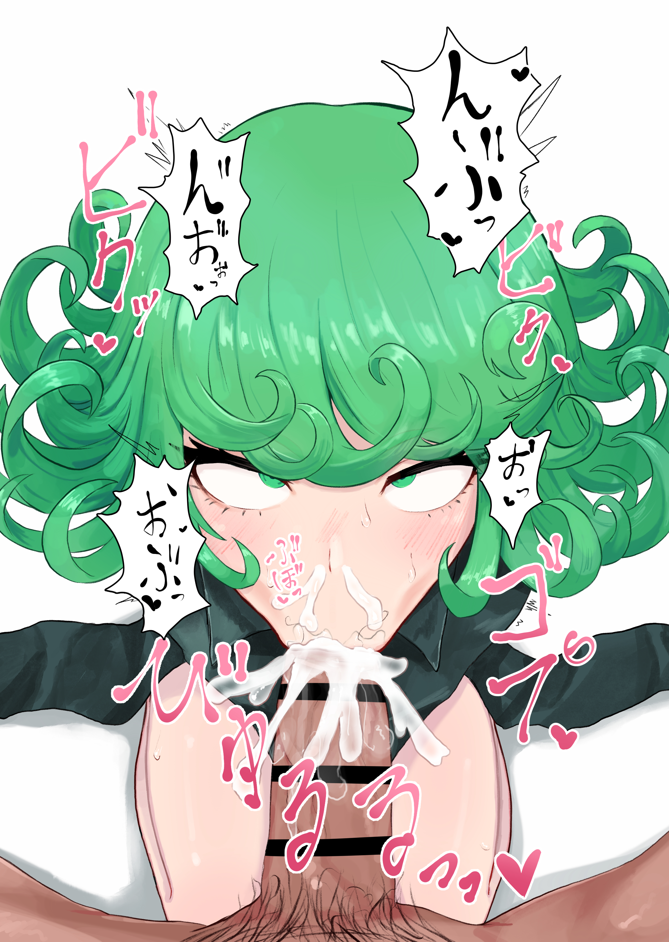 :>=, 1boy, 1girls, bar censor, blowjob, blowjob face, cum, cum explosion, cum inside mouth, cum through nose, female, green hair, kneeling, kneeling oral position, looking at viewer, male, mimicpandemic, one-punch man, oral, oral sex, pov, small pupils, snot, straight, stray pubic hair, tatsumaki