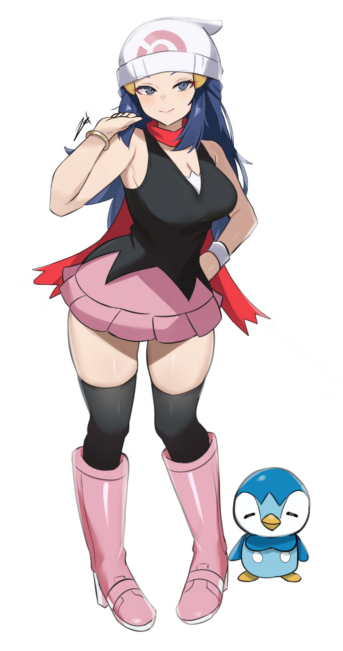 bare_shoulders blue_eyes boots breasts dawn_(pokemon) female gen_4_pokemon hat highres large_breasts nintendo pink_boots piplup pokemon pokemon_(creature) pokemon_dppt signature skirt zet_(twt_zet)