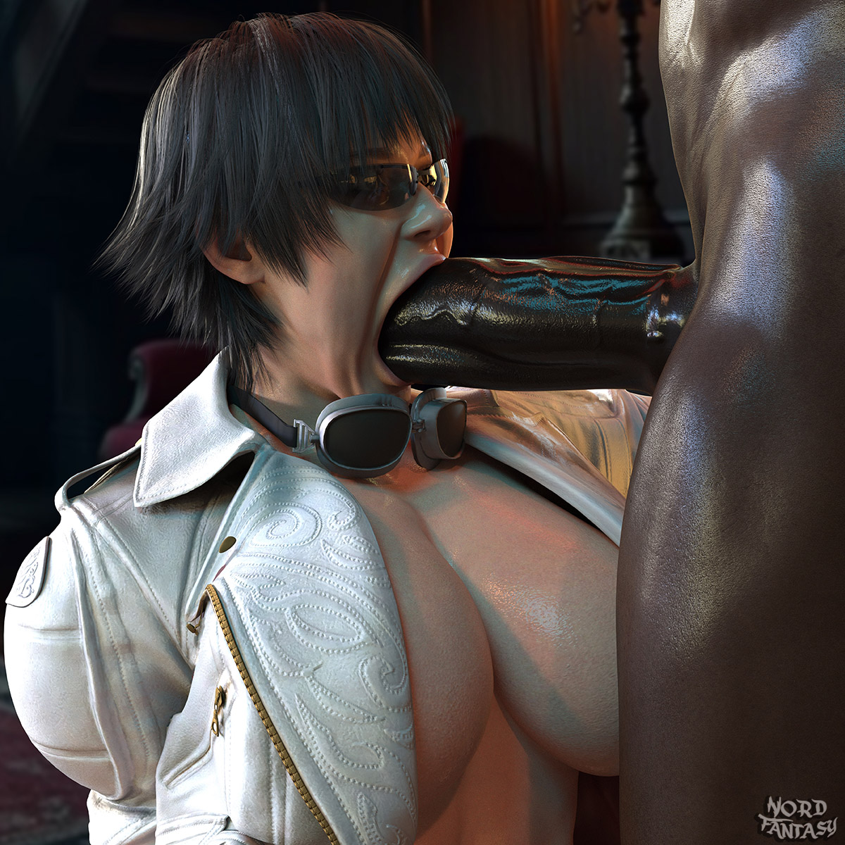 1boy, 1girls, 3d, black hair, breasts, capcom, dark skin, dark-skinned male, devil may cry, devil may cry (series), devil may cry 5, female, female focus, huge breasts, interracial, lady (devil may cry), light skin, light-skinned female, male, nordfantasy, penis, sex, tagme, voluptuous