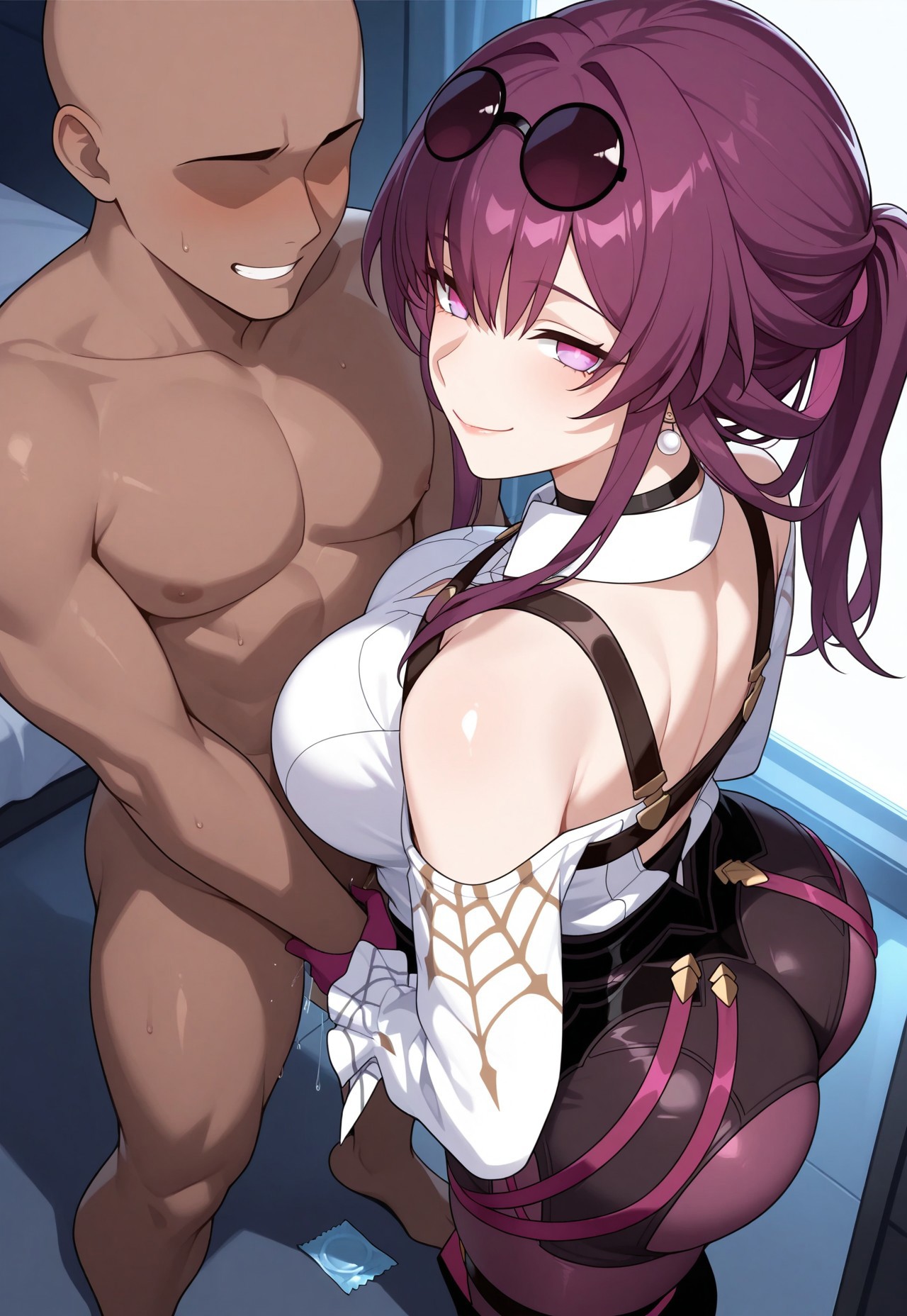 ai generated, ass, big ass, blush, clothed female nude male, dark skin, dark-skinned male, female, honkai: star rail, kafka (honkai: star rail), looking at viewer, male, naked male, pink eyes, purple hair, seductive, smile