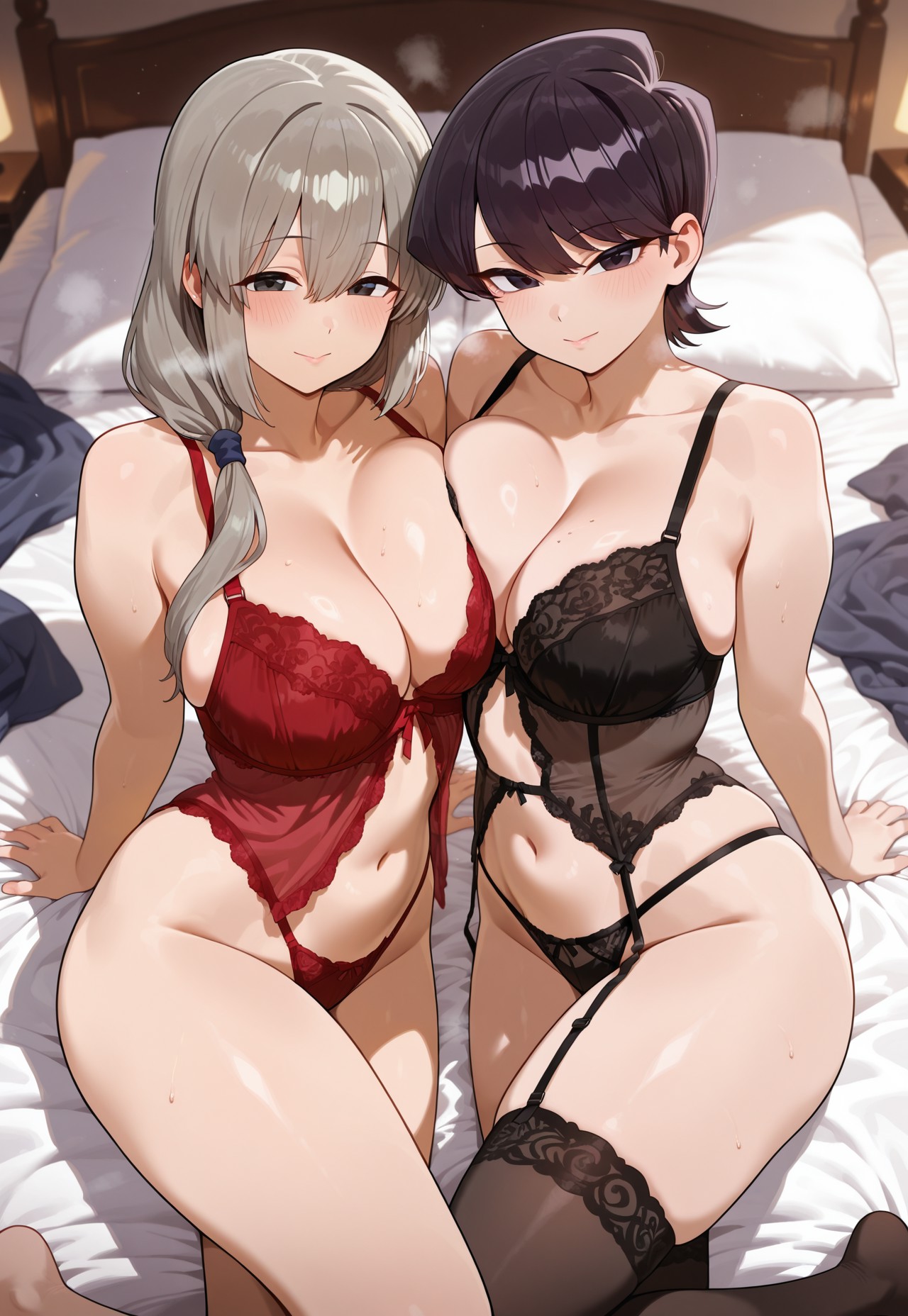 2025, ai generated, alternate version available, amogussusus, babydoll, bed, bed sheet, big breasts, blush, breast to breast, breasts, cleavage, crossover, docking, garter straps, indoors, komi shuuko, komi-san wa komyushou desu, looking at viewer, lying, lying on bed, mature, mature female, milf, open eyes, purple eyes, purple hair, stockings, sweat, sweatdrop, thighs, uzaki tsuki, uzaki-chan wa asobitai!