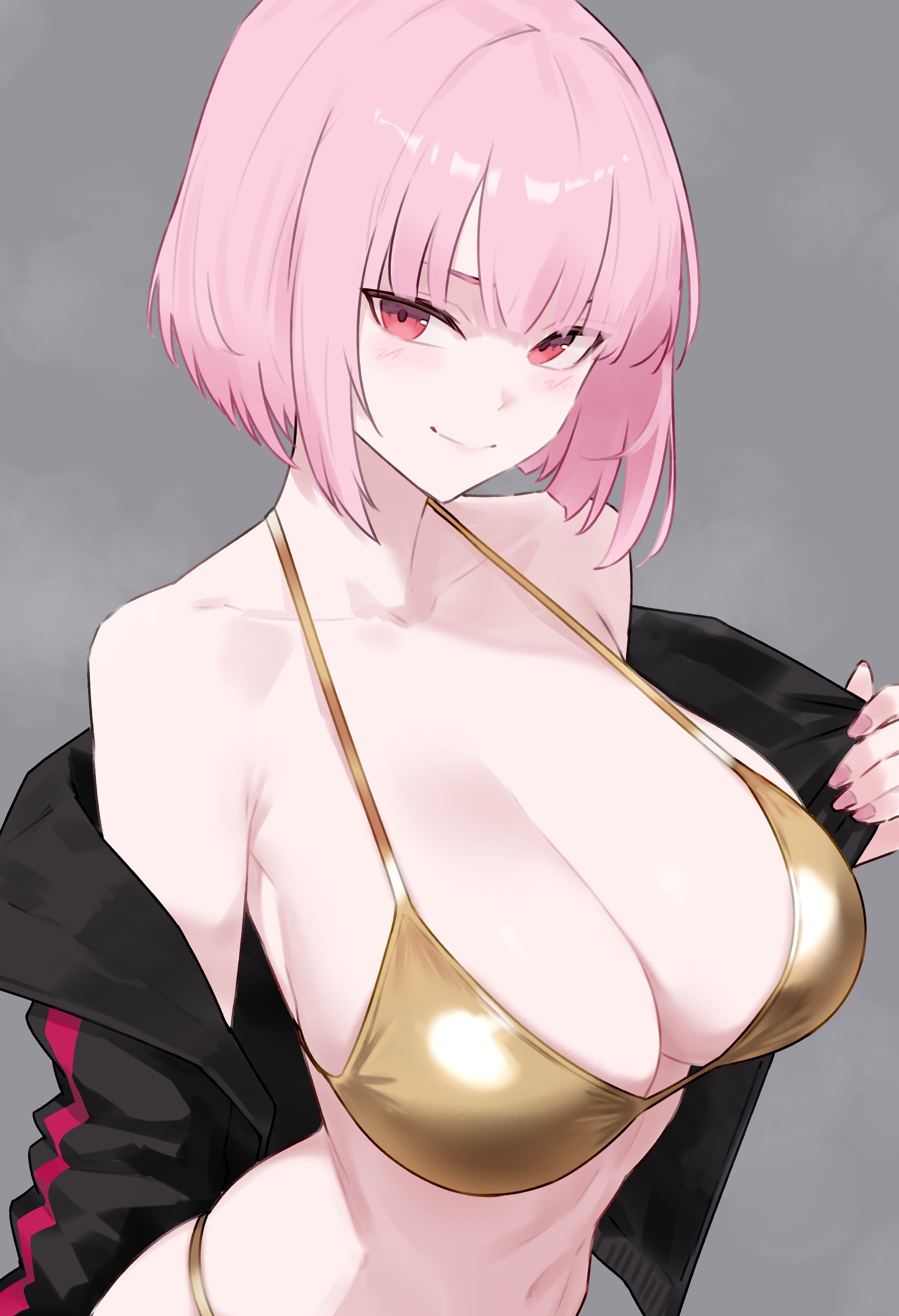 1girls, absurdres, alternate costume, bare shoulders, bikini, black jacket, bluefield, blunt bangs, breasts, cleavage, closed mouth, commentary, female, female only, gold bikini, golden week, grey background, halterneck, highres, hololive, hololive english, hololive myth, jacket, large breasts, light skin, looking at viewer, mori calliope, nail polish, navel, off shoulder, open clothes, open jacket, pink eyes, pink hair, pink nails, short hair, simple background, smile, solo, string bikini, swimsuit, virtual youtuber