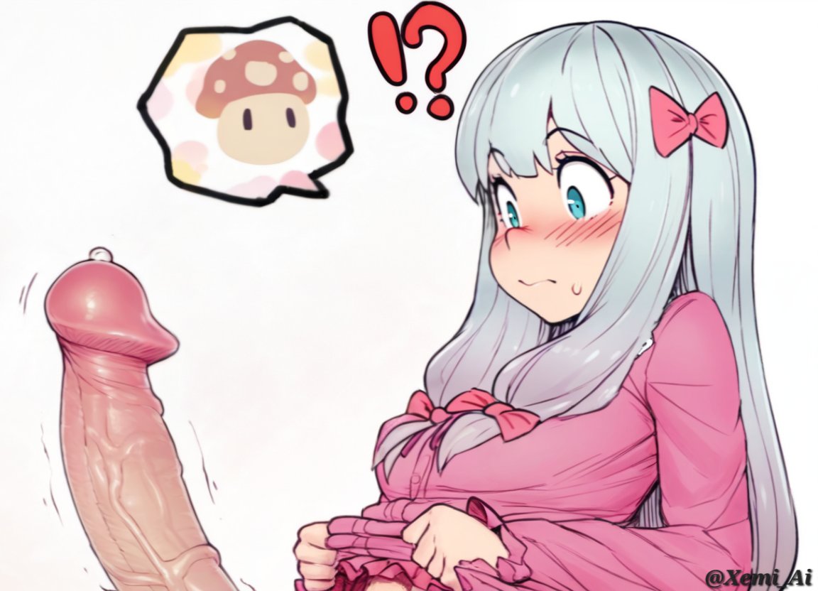 !?, 1futa, ai generated, big penis, breasts, clothed, confused, embarrassed, eromanga sensei, female, futa only, futanari, intersex, izumi sagiri, long hair, mushroom, mushroom penis, penis, pink, precum, shirt lift, small breasts, uncensored, veiny penis, white background, white hair, wide eyed