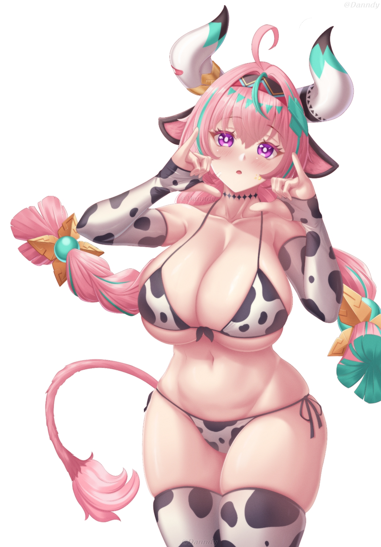 ahoge, animal print, aqua hair, bare shoulders, bikini, blush, breasts, collarbone, commentary, cow horns, cow print, cow print bikini, cow print gloves, cow print thighhighs, cow tail, danndy180, elbow gloves, english commentary, female, female only, genshin impact, gloves, hair between eyes, hands up, highres, horns, large breasts, long hair, looking at viewer, multicolored hair, navel, parted lips, pink hair, print bikini, print gloves, print thighhighs, purple eyes, side-tie bikini bottom, simple background, solo, stomach, streaked hair, swimsuit, tail, thighhighs, varesa (genshin impact), very long hair, white background