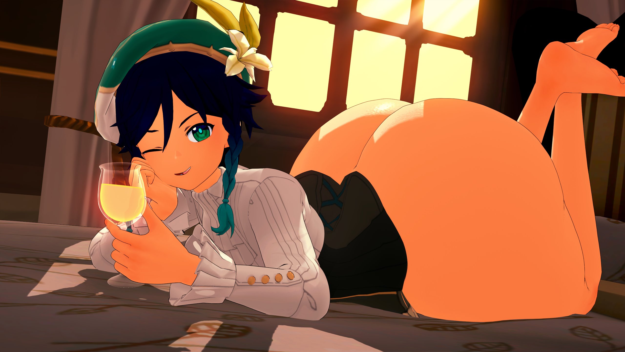 1boy, 3d, alternate version available, ass, ass bigger than head, ass bigger than torso, ass body, bottom heavy, cyshen, femboy, genshin impact, hoyoverse, huge ass, huge butt, large ass, large butt, laying on bed, laying on stomach, male, massive ass, venti (genshin impact), wide hips