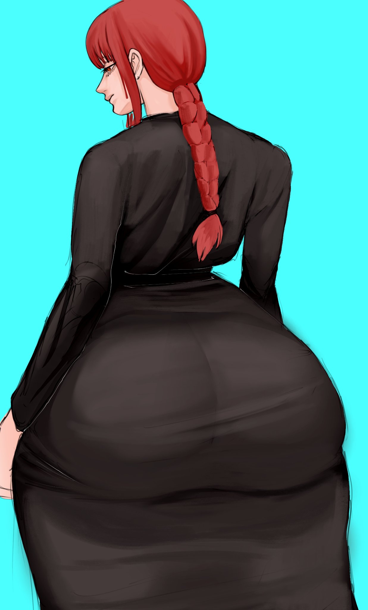 1girls, 2024, ass, ass in dress, big ass, blue background, bottom heavy, bubble ass, bubble butt, chainsaw man, clothing, dress, fat ass, female, female only, huge ass, large ass, makima (chainsaw man), massive ass, notsafe4marcus, rear view, red hair, solo, thick ass, thick thighs, thunder thighs, wide hips, yellow eyes