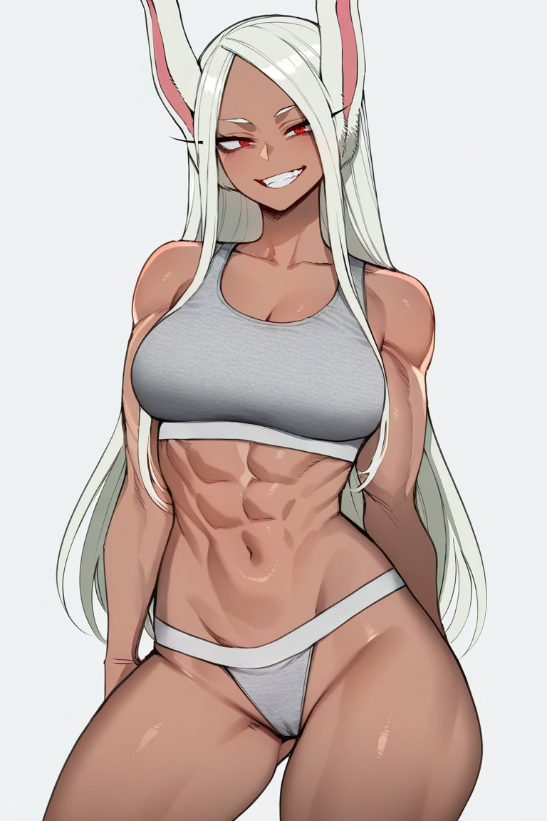 1girls, abs, ai generated, bra, brown skin, brown-skinned female, female, grey bra, grey panties, muscular, muscular female, my hero academia, panties, pinup, rabbit ears, rumi usagiyama, solo, sports bra, underwear, white hair, zloimakak