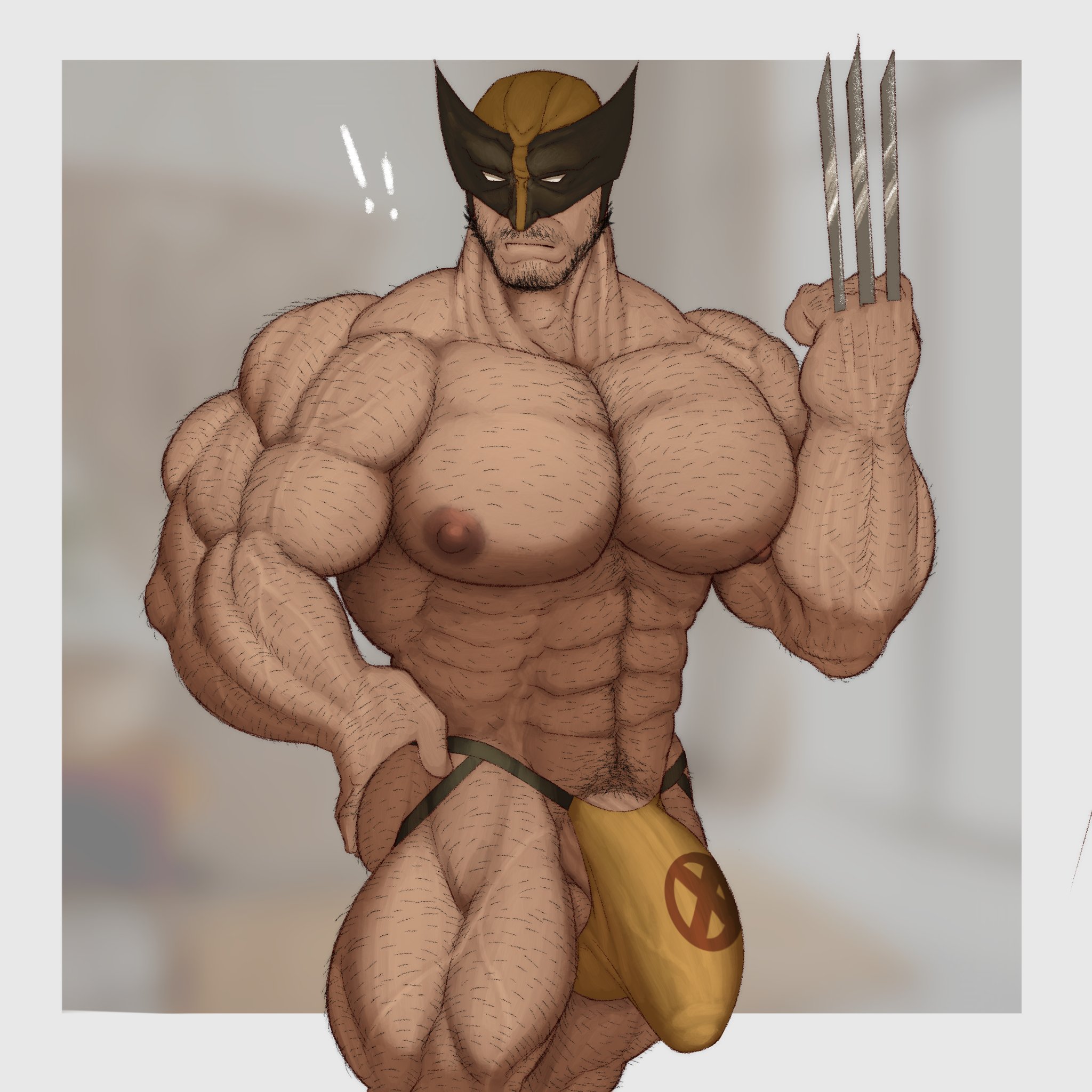 1boy, ass, balls, barely visible genitalia, barely visible penis, beard, bearded, big bulge, big pecs, big penis, blades, blurry background, body hair, bulge, bulge through clothing, claws, claws out, clothing too small, exclamation point, flaccid, fleshformomo, hairy, hairy body, hairy male, hand on ass, hand on butt, hand on hip, human, jockstrap, male, male focus, male only, marvel, marvel comics, mask, mask on head, masked, masked male, muscles, muscular, muscular male, penis, pubic hair, solo, solo male, standing, thong, too small clothes, underwear, veiny, veiny muscles, visible balls, visible penis, visible penis shape, wolverine (x-men), x-men