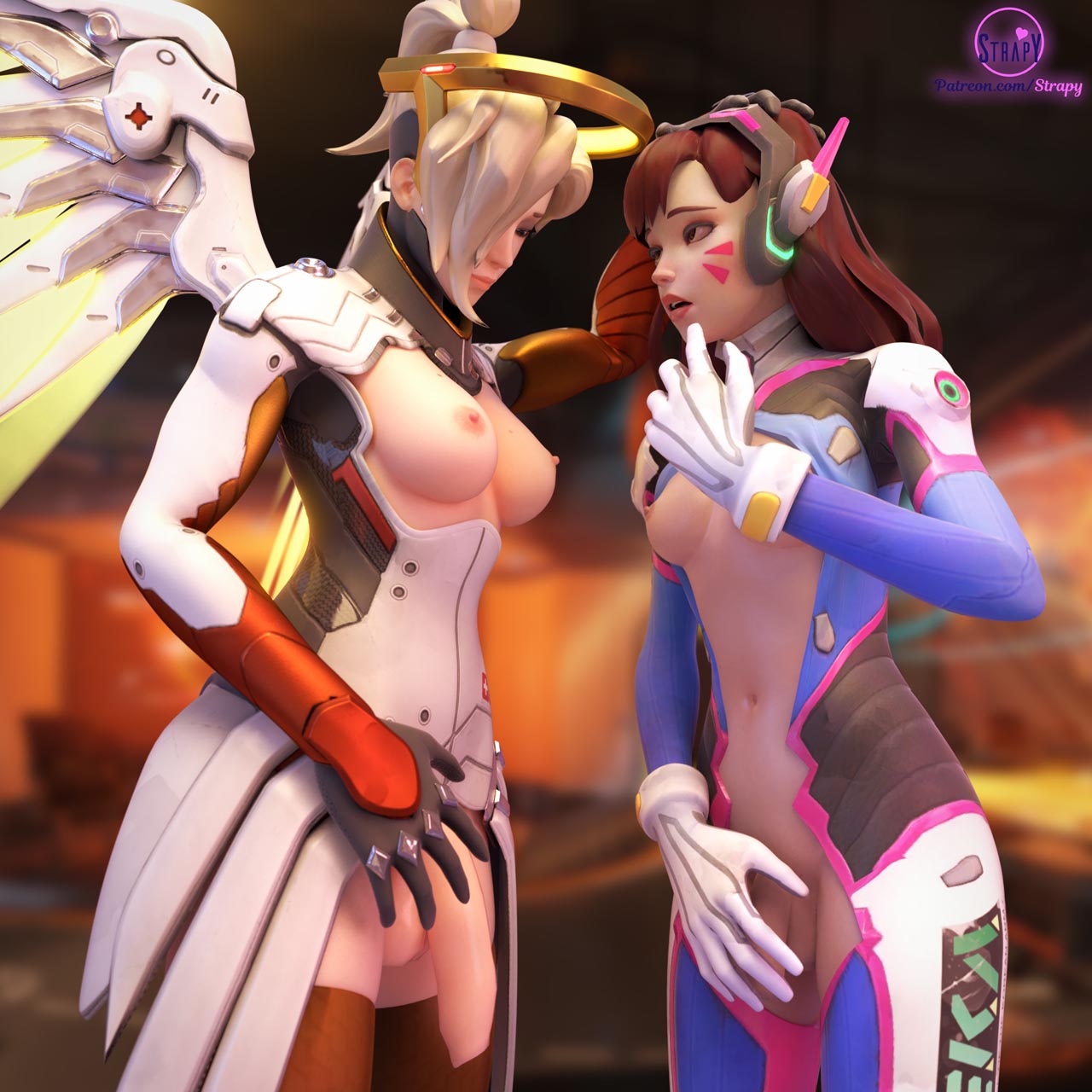 3d, areolae, blender, breasts, d.va, dickgirl, foreskin, futa only, futa with futa, futanari, intersex, mercy, nipples, overwatch, penis, strapy, uncircumcised, uncut