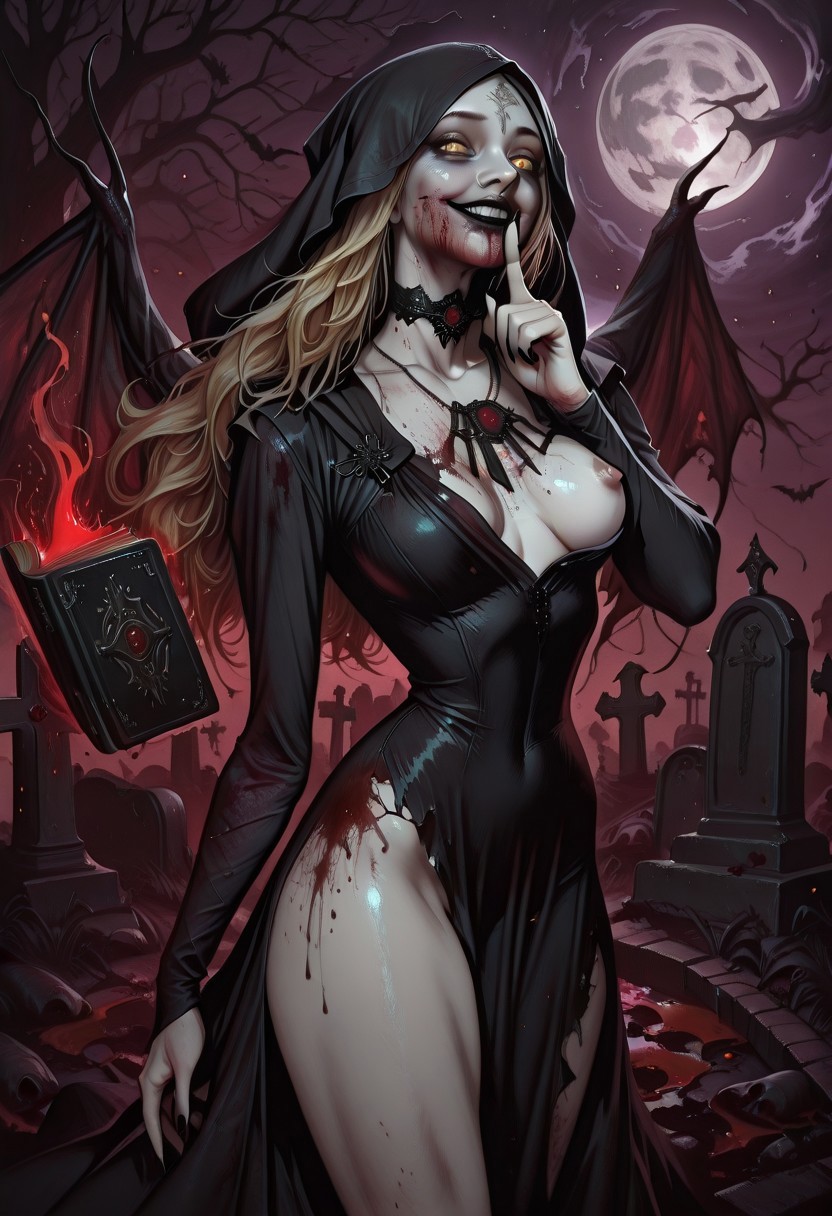 1girls, ai generated, bela (resident evil), blood, blood on face, breasts, capcom, cemetery, civitai, dark fantasy, demon, demoness, erect nipples, ethereal aura, female, female focus, female only, goth, goth girl, gothic, graveyard, grey skin, horror, horror (theme), hylian r34, looking at viewer, nipples, one breast out, perky nipples, petite, petite body, petite breasts, petite female, resident evil, resident evil 8: village, sadistic, sadistic female, sadistic smile, small breasts, smile, tagme, wings, young female