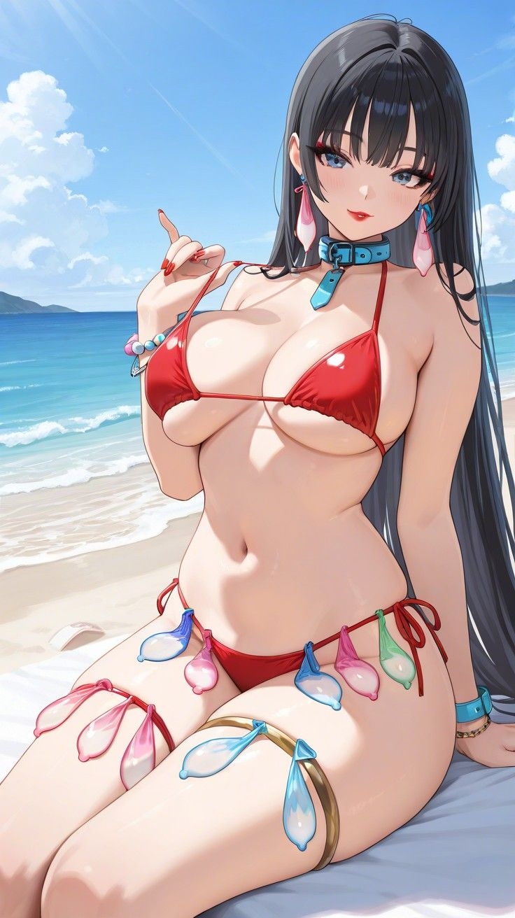 1girls, ai generated, background, bangs, bare shoulders, beach, big breasts, bikini, bikini bottom, bikini pull, bikini top, black hair, blue eyes, bracelet, bracelets, breasts, cleavage, collar, commentary request, condom, condom accessories, condoms, cum filled condom, day, eyeshadow, female, female focus, female only, filled condom, filled condoms, hair, hips, lia the busty redhead, lipstick, long hair, looking at viewer, makeup, midriff, nail polish, original, original character, outdoors, outside, red bikini, red lipstick, red nails, seductive, seductive look, seductive pose, seductive smile, self upload, sideboob, sitting, sky, solo, solo female, solo focus, straight bangs, straight hair, string bikini, suggestive, suggestive gesture, suggestive look, suggestive pose, tagme, thighlet, thighs, underboob, very long hair, water