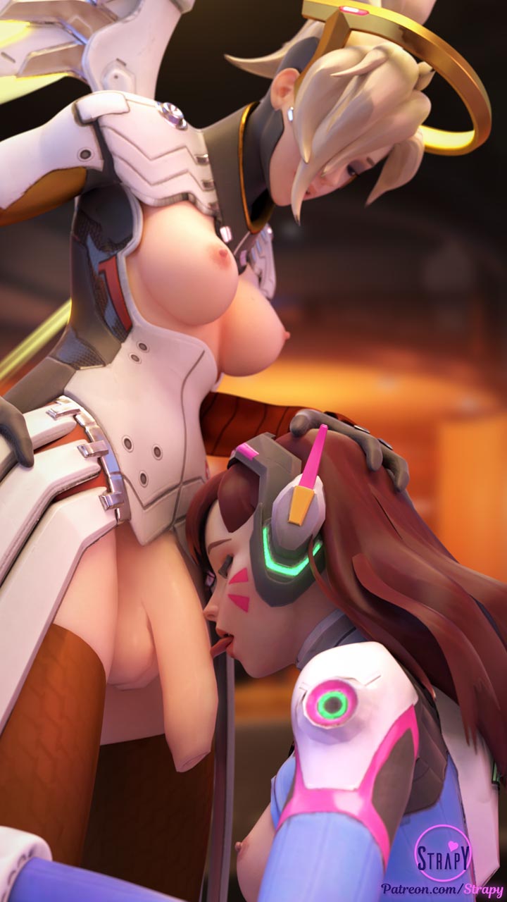 3d, areolae, blender, breasts, d.va, dickgirl, foreskin, futanari, intersex, licking, mercy, nipples, open mouth, overwatch, penis, penis lick, strapy, tongue, tongue out, uncircumcised, uncut