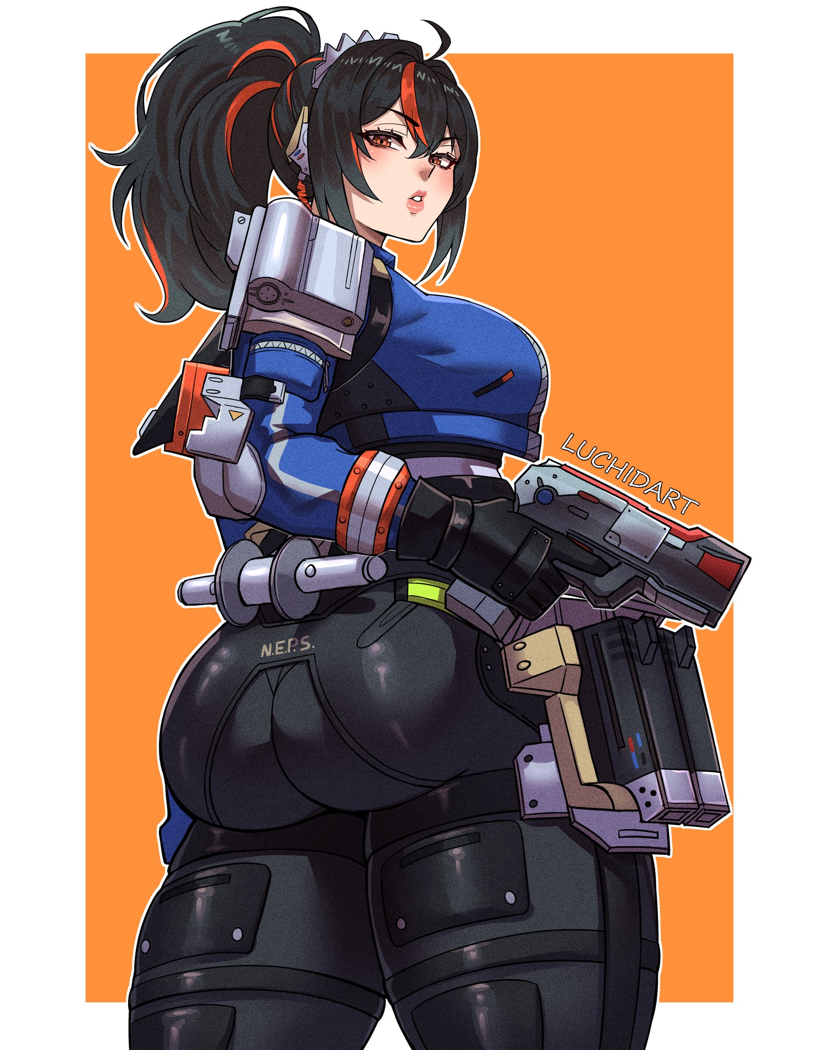ahoge, ass, ass focus, black hair, breasts, female, female only, from behind, gloves, gun, highres, huge ass, large breasts, long hair, looking at viewer, looking back, luchidart, multicolored hair, new eridu public security, pants, parted lips, police, police uniform, policewoman, ponytail, red eyes, red hair, sideboob, solo, thick thighs, thighs, two-tone hair, weapon, zenless zone zero, zhu yuan