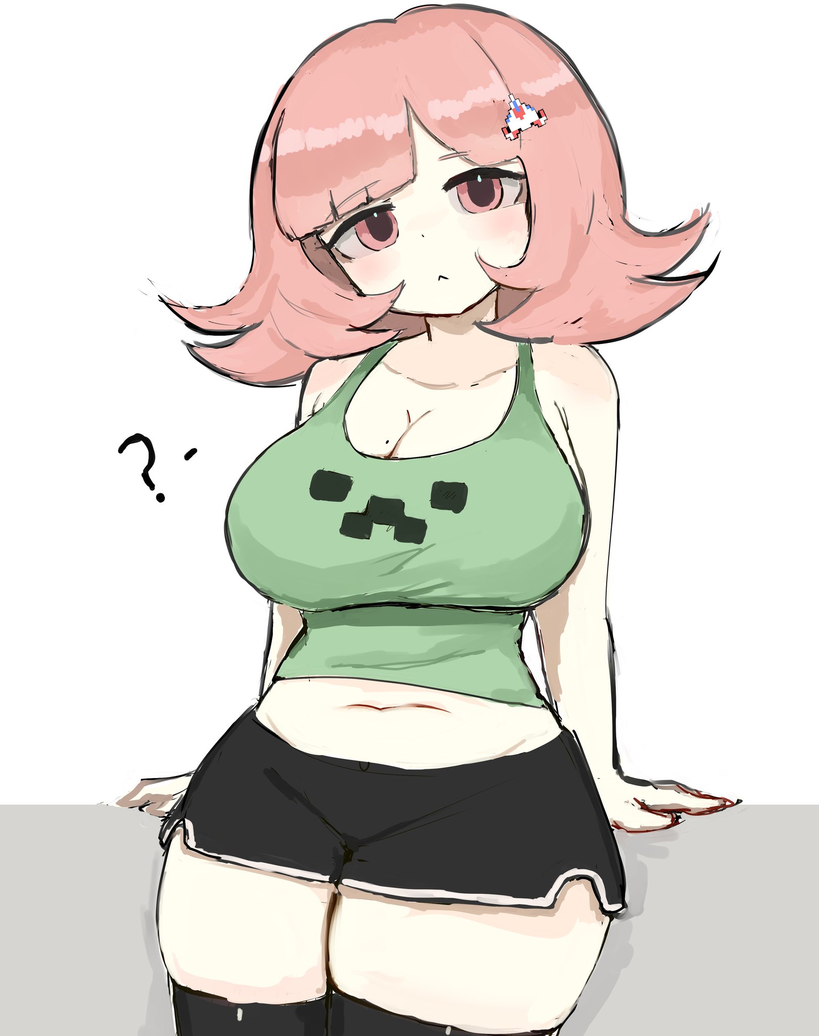 ?, 1girls, ass, big ass, big breasts, big butt, breasts, chubby, chubby female, confused, confused expression, confused face, confused look, creeper face, danganronpa, danganronpa 2: goodbye despair, female, female only, gamer girl, m3link , melink (artist), nanami chiaki, pink eyes, pink hair, short hair, shorts, thick hips, thick legs, thick thighs, thighhighs, thighs