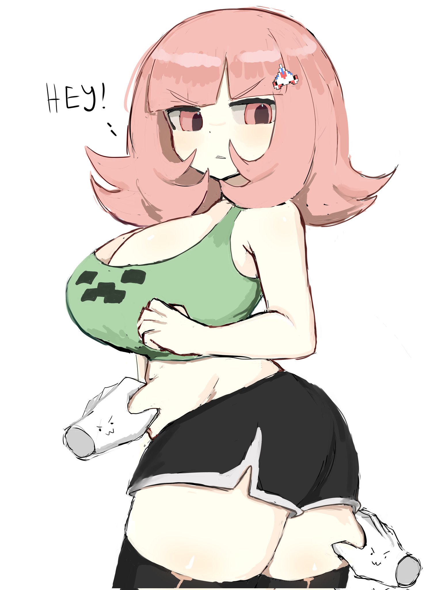 !, 1girls, angry, angry expression, angry face, annoyed, annoyed expression, annoyed face, ass, belly, big ass, big breasts, big butt, breasts, chubby, chubby female, creeper face, danganronpa, danganronpa 2: goodbye despair, female, female only, gamer girl, hair ornament, melink (artist), minecraft, nanami chiaki, pink eyes, pink hair, short hair, shorts, thick, thick hips, thick legs, thick thighs, thighhighs, thighs, touching ass, touching belly, touching stomach, touching thigh, touching thighs