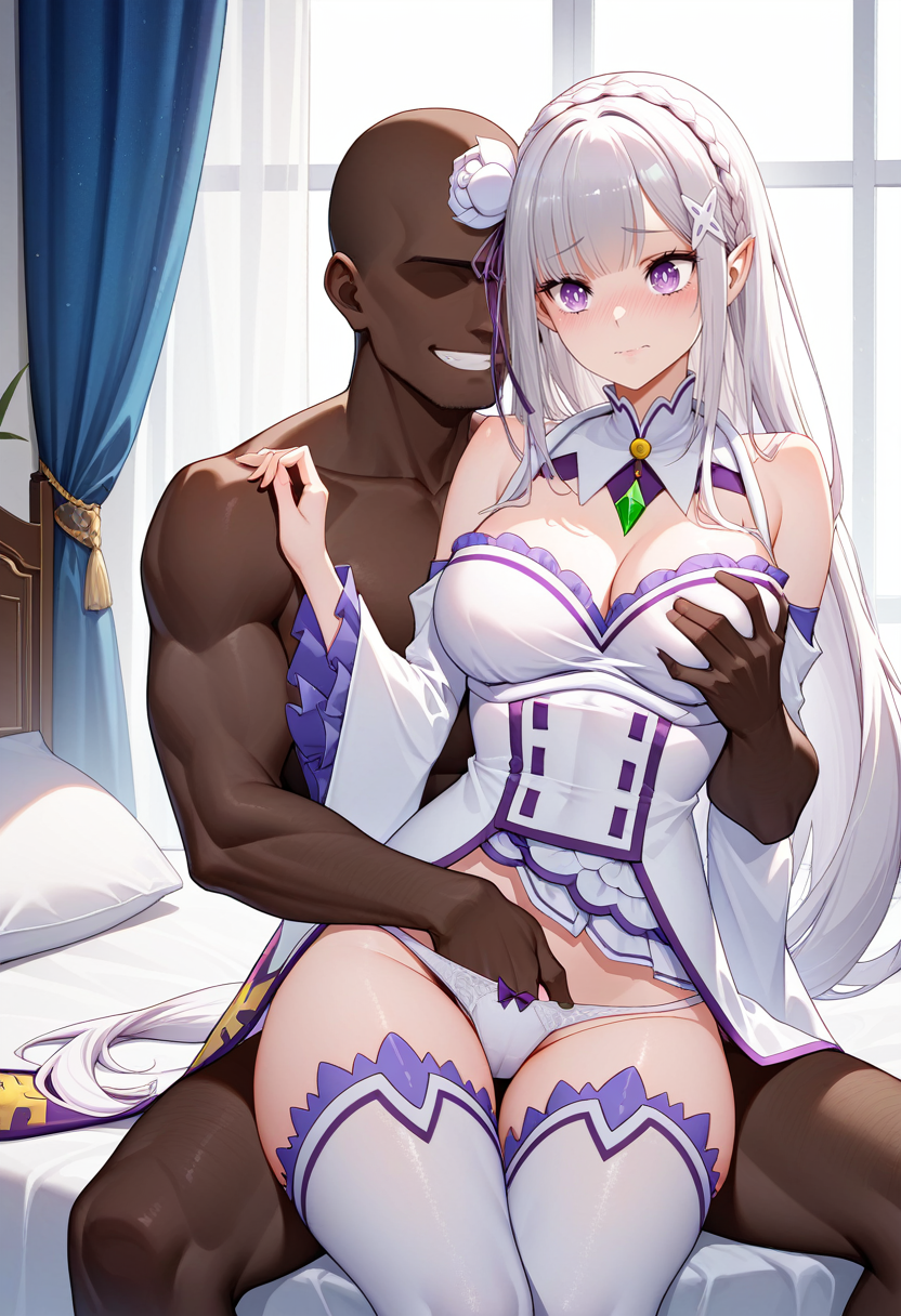 1boy 1girls ai_generated anime anime_girl bare_shoulders bbc blunt_bangs blush breasts clothed_female dark-skinned_male degenbrecher detached_sleeves elf_ears emilia_(re:zero) eyebrows_visible_through_hair female grabbing_breasts grabbing_from_behind grin hair_ornament hand_under_clothes light-skinned_female long_hair male medium_breasts pointy_ears re:zero_kara_hajimeru_isekai_seikatsu silver_hair sitting_on_person