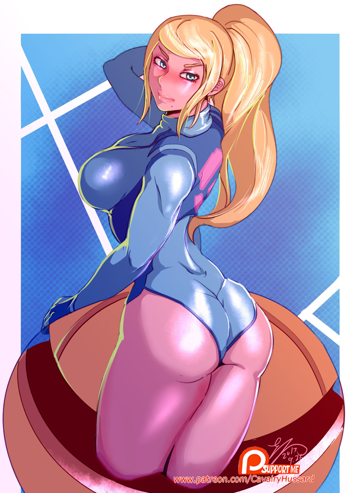 1girls, ass, blonde hair, bodysuit, breasts, cavalry, cleavage, female, female only, long hair, looking at viewer, looking back, metroid, nintendo, samus aran, shiny, solo, zero suit, zero suit samus