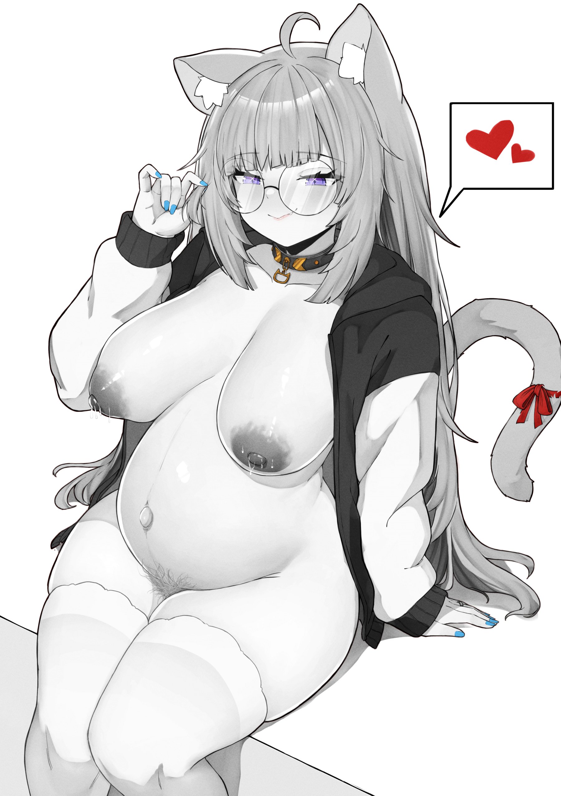 1girls, ahoge, animal ears, areolae, bangs, belly, big breasts, black and white, blue fingernails, breasts, breasts out, collar, dark nipples, exposed breasts, eyelashes, fangs, female, female only, female pubic hair, glasses, hairy pussy, half-closed eyes, hips, hololive, hololive gamers, hololive japan, hoodie, kemonomimi, lactating, lactation, large breasts, legwear, light skin, light-skinned female, lips, long hair, nail polish, navel, nekomata okayu, nipples, no bra, no panties, partially clothed, pregnancy, pregnant, pregnant belly, pregnant female, pubic hair, purple eyes, pussy, ring, round glasses, sagging breasts, sidelocks, sitting, smile, solo, spoken heart, stockings, tail, tail ribbon, thighs, varniskarnis, virtual youtuber, wedding ring