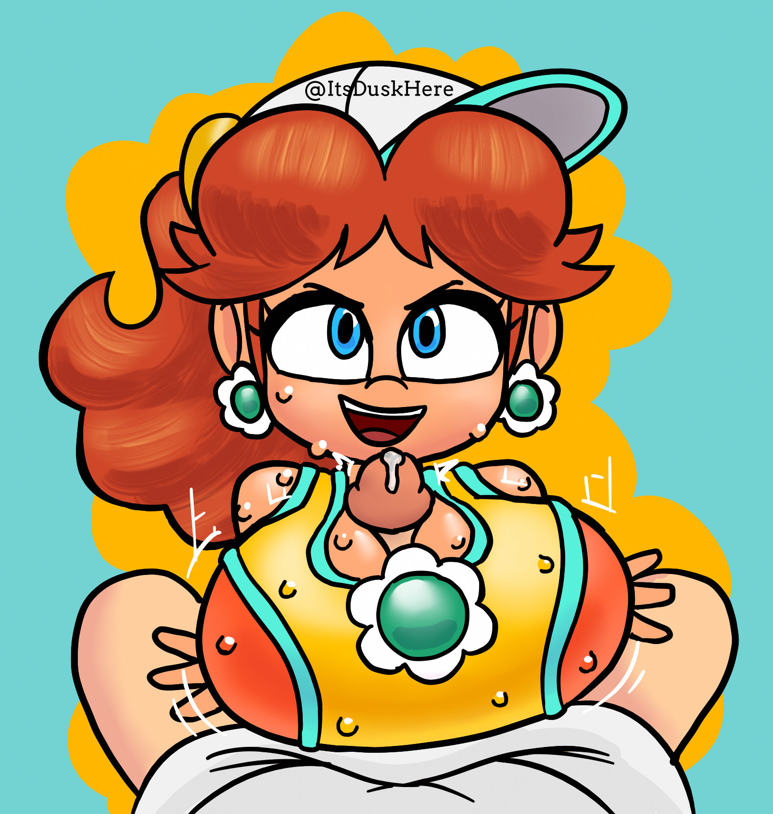 1boy, 1girls, blue eyes, breasts, brown hair, clothed, cum, earrings, female, flower earrings, hat, human, itsduskhere, looking at viewer, male, male pov, mario (series), mario kart, mario kart world, nintendo, official alternate costume, paizuri, penis, ponytail, pov, precum, princess, princess daisy, princess daisy (swimwear), sports bra, super mario bros., sweat, tagme