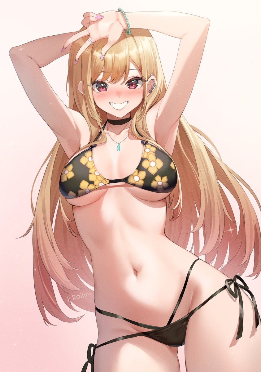 armpits, arms on head, artist name, barbell piercing, bead bracelet, beads, bikini, black bikini, black choker, blonde hair, blush, bracelet, breasts, choker, collarbone, ear piercing, earrings, female, female only, floral print, gradient hair, grin, gyaru, hair between eyes, jewelry, kitagawa marin, lace, lace choker, large breasts, long hair, looking at viewer, multi-strapped bikini, multi-strapped bikini bottom, multicolored hair, nail polish, navel, necklace, nose blush, piercing, pink background, pink nails, print bikini, raijuu (bakanara), red eyes, red hair, side-tie bikini bottom, sidelocks, simple background, smile, solo, sono bisque doll wa koi wo suru, standing, stomach, string bikini, swept bangs, swimsuit, two-tone hair, very long hair, w, w over eye, watermark