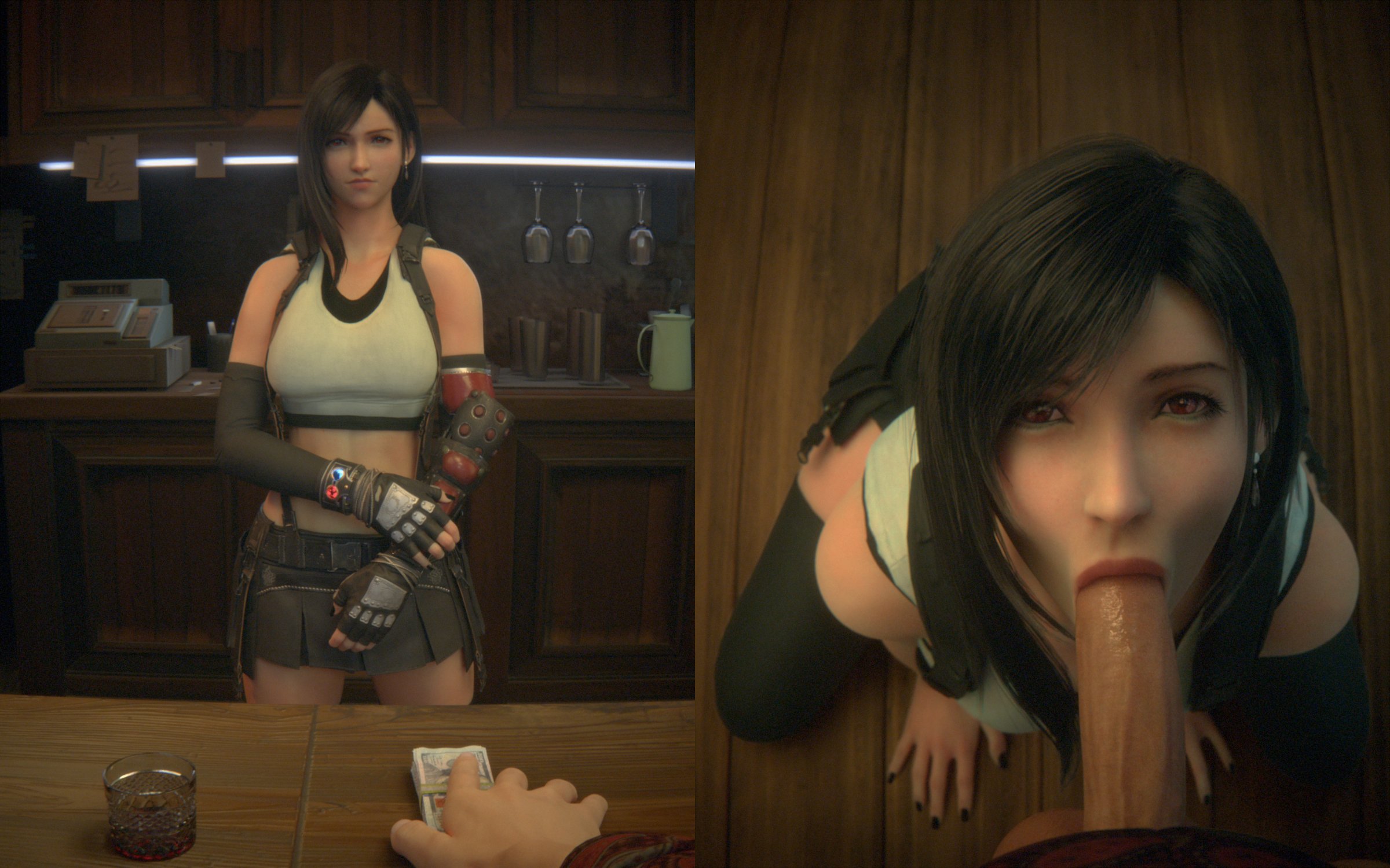 3d, blowjob, blowjob face, fellatio, fellatio face, female, final fantasy, final fantasy vii, final fantasy vii remake, hooker, kneeling, kneeling oral position, money, oral, peacensfw, pov, prostitute, prostitution, tifa lockhart