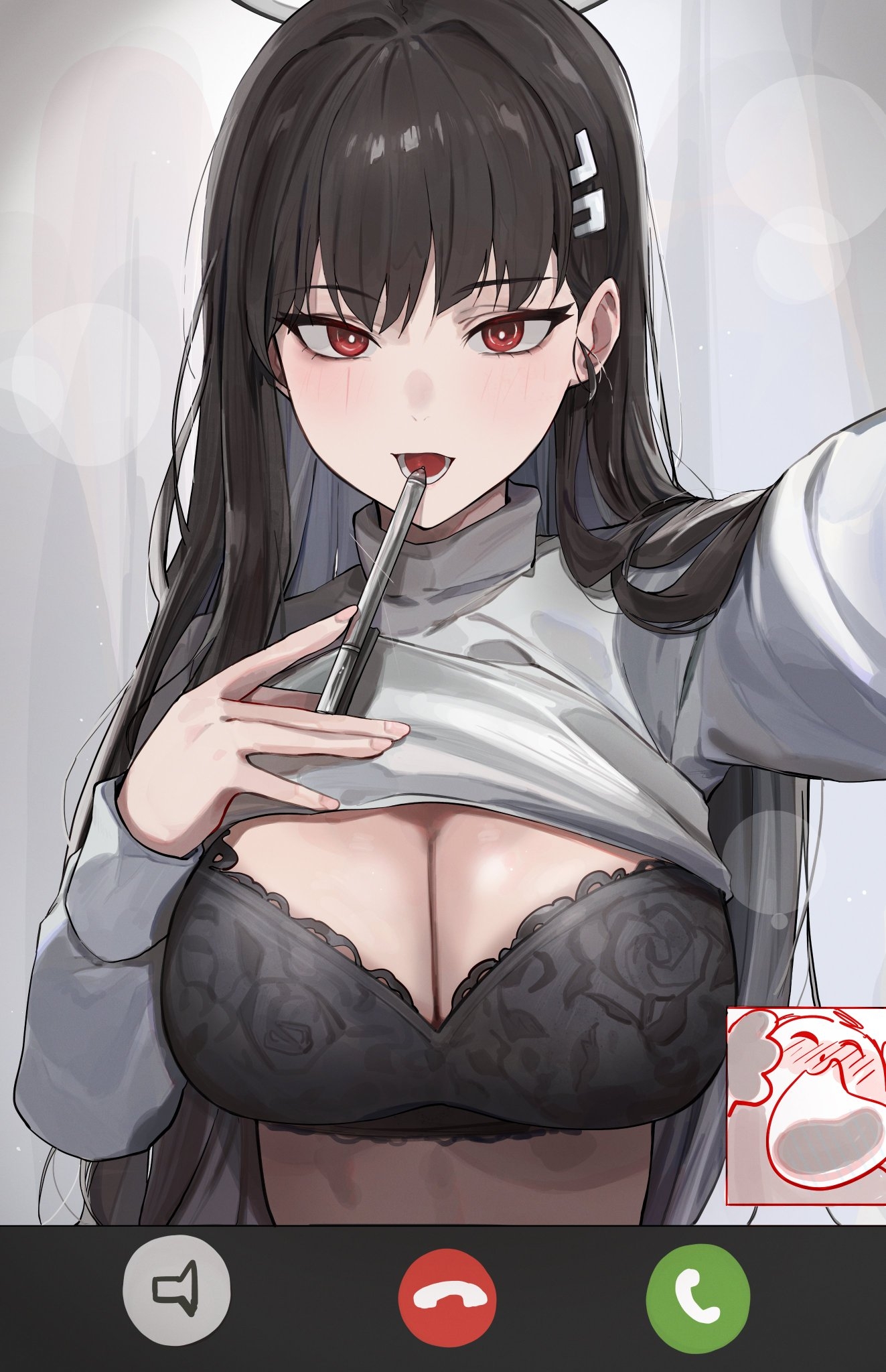 1other, ambiguous gender, black bra, black hair, blance, blue archive, blush, bra, breasts, bright pupils, doodle sensei (blue archive), fake phone screenshot, fake screenshot, female, female only, halo, highres, holding, holding pen, large breasts, long hair, looking at viewer, nose blush, pen, red eyes, rio (blue archive), selfie, sensei (blue archive), shirt, smile, solo focus, straight hair, underwear, upper body, very long hair, video call, white pupils, white shirt