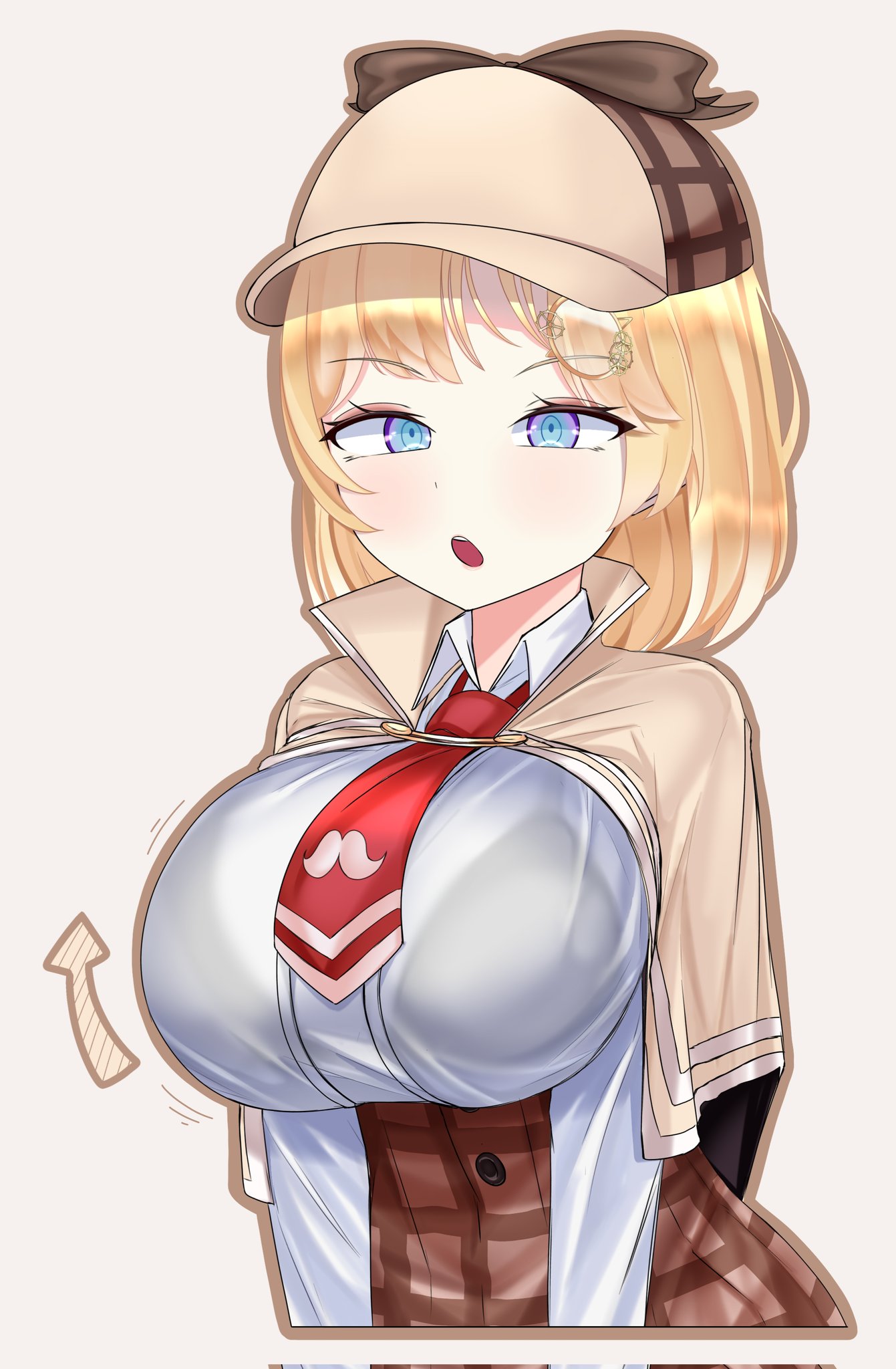 black bra, blonde hair, blue eyes, blush, bob cut, bra, bra visible through clothes, breasts, brown capelet, brown skirt, capelet, collared shirt, detective, elov kam, female, female only, hair ornament, hat, highres, hololive, hololive english, hololive myth, large breasts, long sleeves, looking at viewer, medium hair, mustache print, necktie, open mouth, plaid clothes, plaid skirt, pleated skirt, pocket watch, red necktie, see-through clothes, see-through shirt, shirt, short hair, skirt, solo, underwear, virtual youtuber, watch, watson amelia, watson amelia (1st costume), white shirt