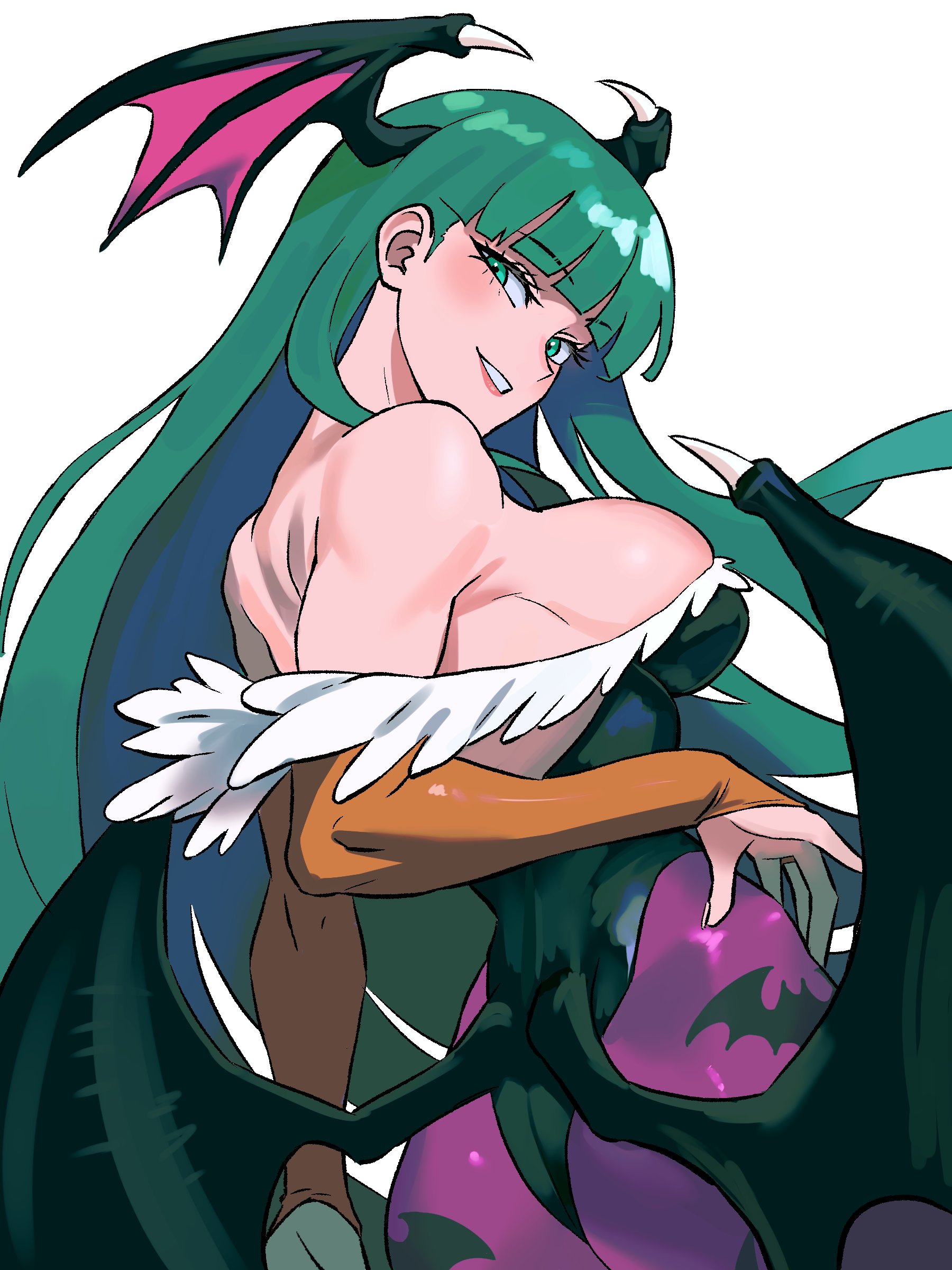 absurdres, animal print, ass, bare shoulders, bat print, big ass, blunt bangs, breasts, bridal gauntlets, darkstalkers, female, female only, green eyes, green hair, head wings, highres, large breasts, leotard, long hair, looking at viewer, morrigan aensland, pantyhose, smile, solo, succubus, teal hair, wings, zeon (zzeeonn)