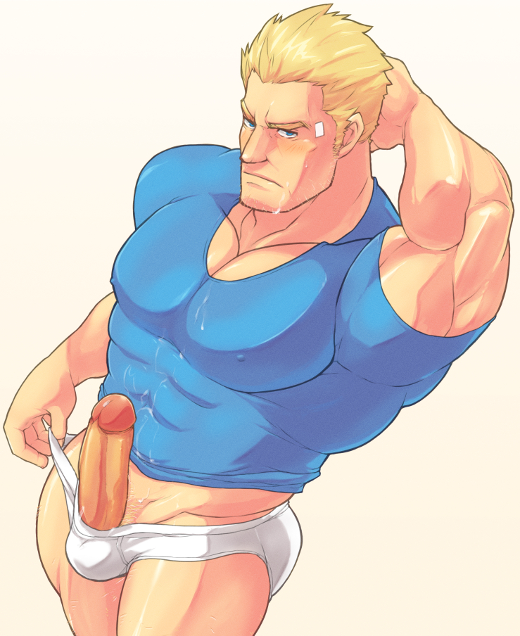 1boy arm_behind_head arm_up balls bandaid bandaid_on_head bara beard_stubble blonde_hair blush briefs cid_highwind closed_mouth collarbone commentary_request covered_abs covered_balls covered_nipples covered_pectorals cum cum_on_body erection facial facial_hair final_fantasy final_fantasy_vii hand_on_own_head looking_at_viewer looking_up magnum_feering male male_focus male_only male_underwear male_underwear_pull muscular muscular_male pectorals penis shirt stubble tight_clothes tight_shirt underwear white_background white_male_underwear