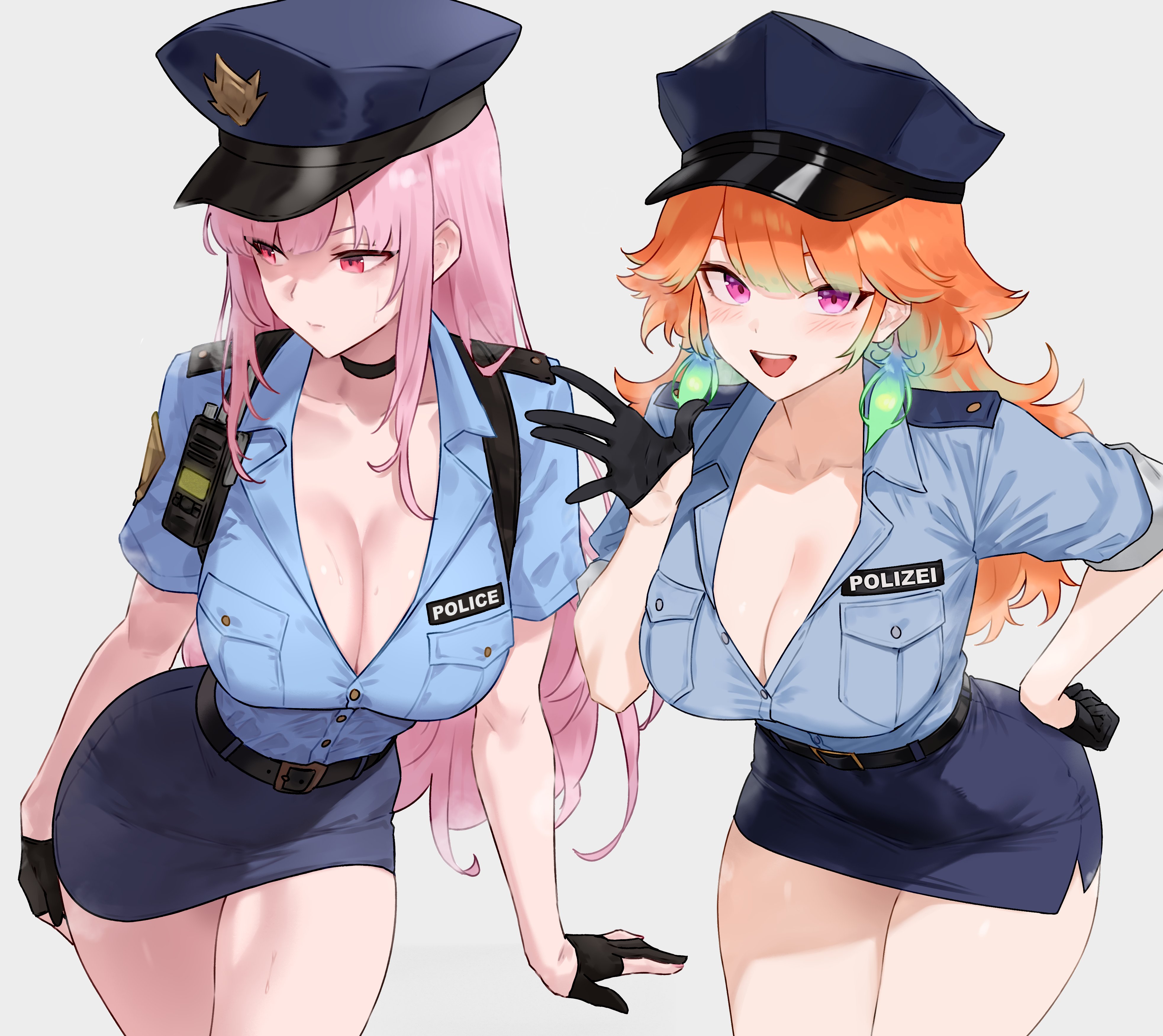 2girls, absurdres, averting eyes, black choker, black gloves, blue shirt, bluefield, breasts, choker, cleavage, collared shirt, earrings, feather earrings, feathers, female, female only, gloves, gradient hair, green hair, half gloves, hat, highres, hololive, hololive english, hololive myth, jewelry, large breasts, leaning forward, long hair, looking at viewer, mori calliope, multicolored hair, multiple females, multiple girls, open mouth, orange hair, partially fingerless gloves, partially unbuttoned, pencil skirt, pink hair, police, police hat, police uniform, policewoman, purple eyes, red eyes, shirt, simple background, skirt, smile, takanashi kiara, virtual youtuber, walkie-talkie, waving