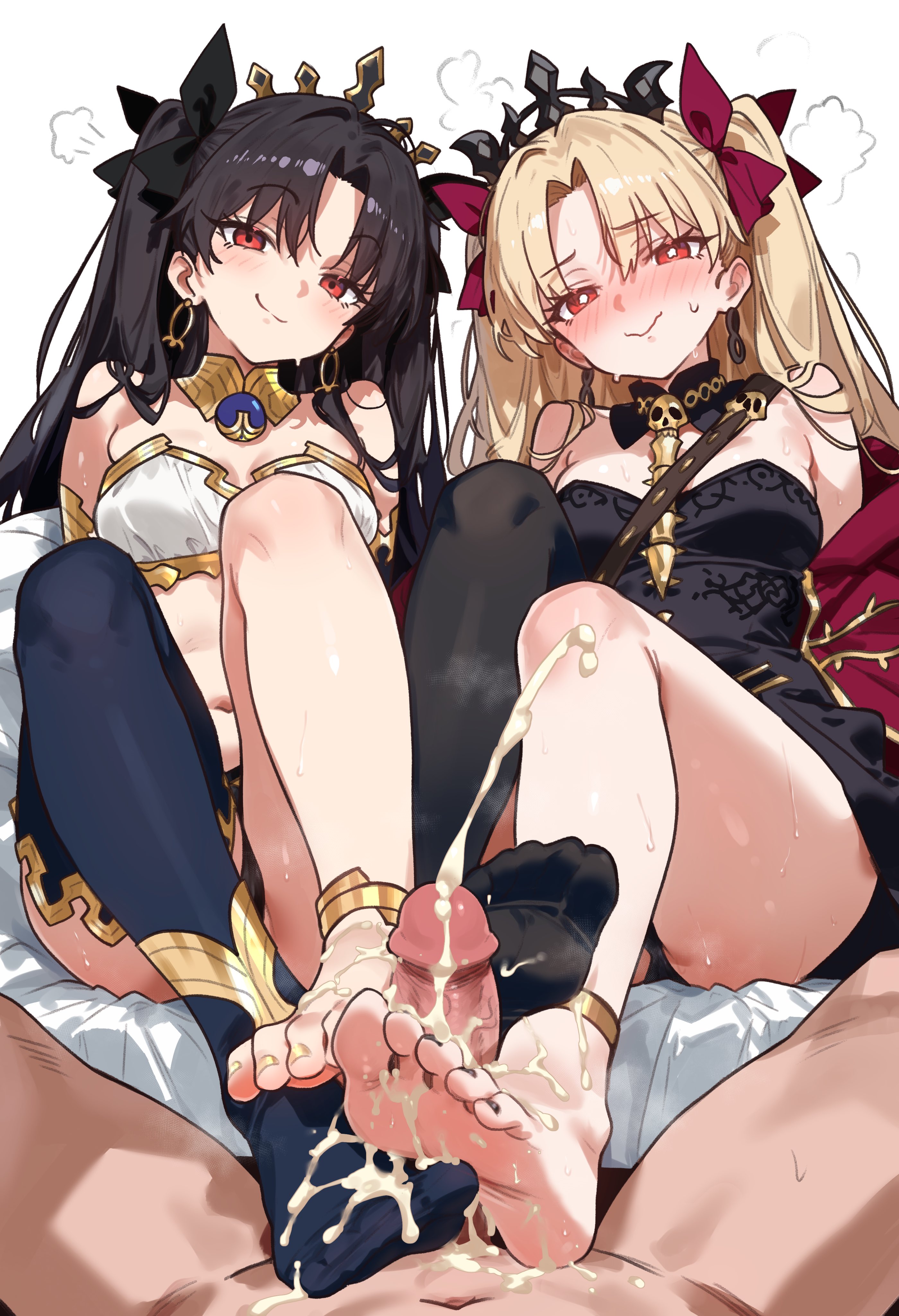 1boy, 2girls, bare feet, blonde hair, breasts, brown hair, deity, ebora, ereshkigal (fate), fate (series), fate/grand order, feet, feet visible through clothing, female, footjob, goddess, ishtar (fate), long hair, male, male pov, medium breasts, multiple females, multiple girls, nasuverse, penis, pov, red eyes, sisters, twintails, youngmanisdown