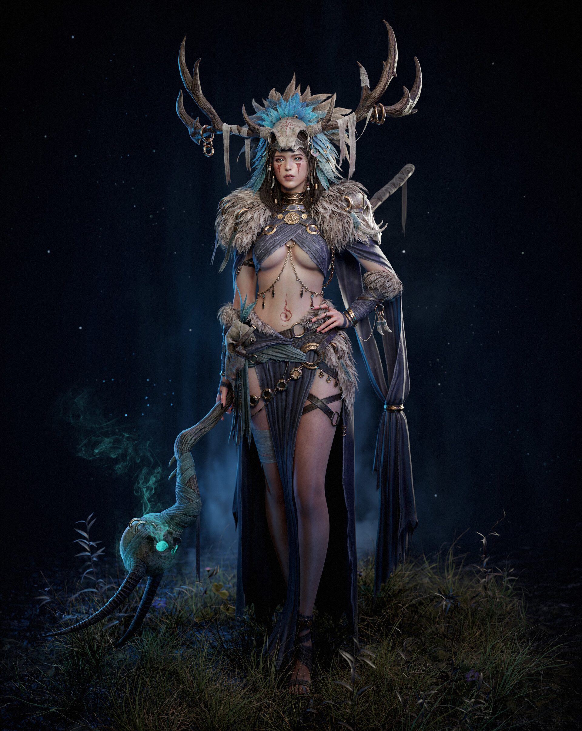 1girls, 3d, 3d model, 3d render, antlers, blender, blender (software), breasts, cgi, cleavage, clothed, erotic, face markings, facial markings, feathers, feet, female, female human, harok lee, high quality, high resolution, highres, horns, human shaman, jewelry, pagan, paganism, primal, seer, sexy, sexy body, shaman, shamaness, shamanic, tattoo, tattoos, tribal, tribal clothing, tribal female, tribal jewelry, tribal markings, tribal outfit, tribal paint, tribal spellcaster, tribal tattoo, tribal tattoos, under boob, underboob, yeongzy