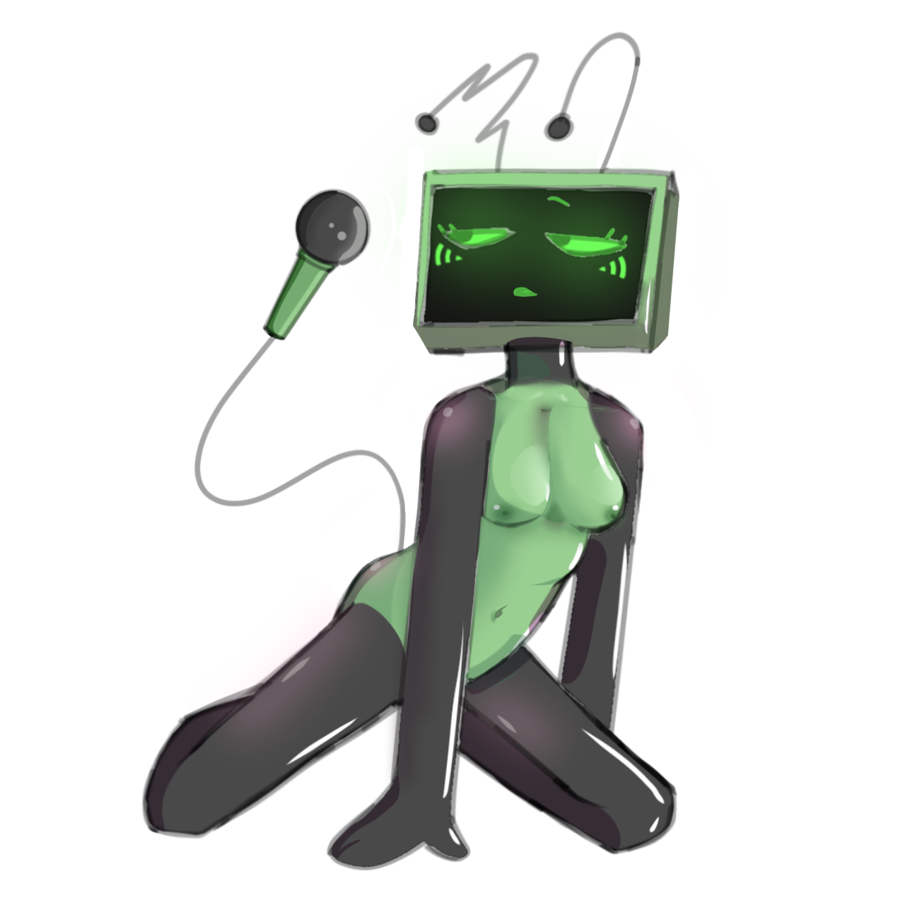 1girls, blank background, breasts, dandy's world, female, female focus, female only, finns1freak, green body, microphone, naked, naked female, robot, robot girl, robot humanoid, self upload, tv head, vee (dandy's world)