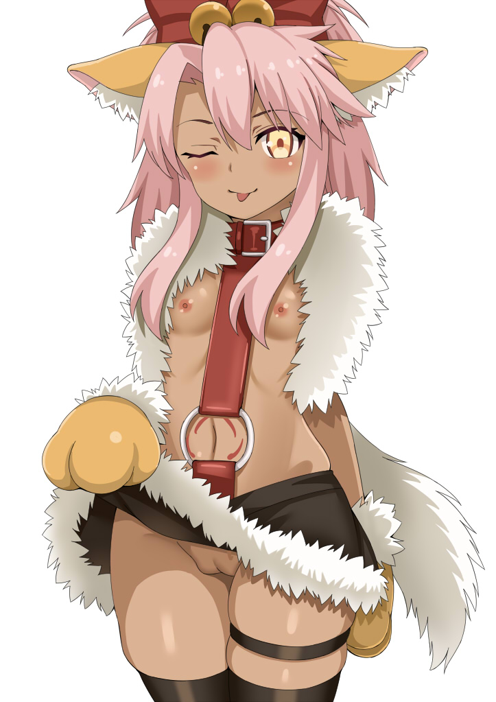 ;p, animal ears, bell, breasts, chloe von einzbern, cowboy shot, dark skin, dark-skinned female, fate (series), fate/kaleid liner prisma illya, female, fur trim, lifted by self, long hair, looking at viewer, navel, nipples, one eye closed, paws, pink hair, pussy, shiny, shiny skin, simple background, skirt, skirt lift, small breasts, solo, standing, tongue, tongue out, toshishikisai, uncensored, white background, yellow eyes
