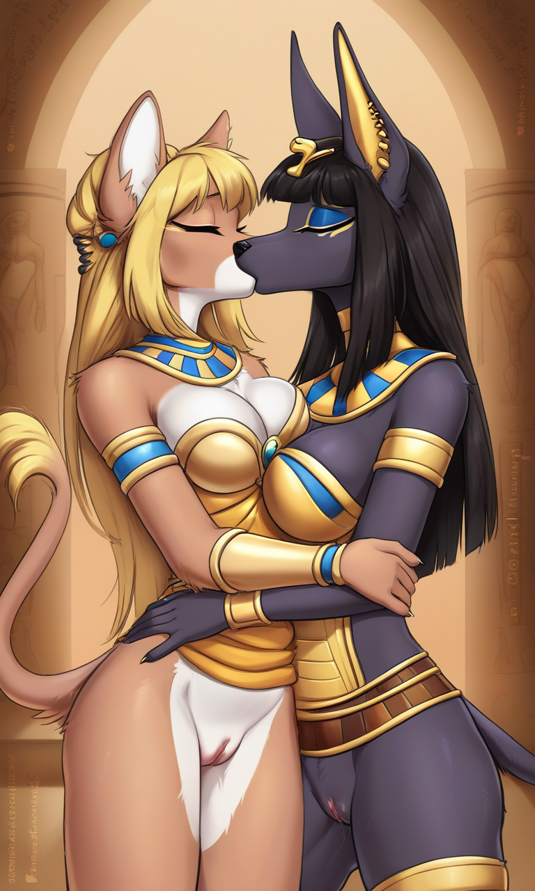 ai_assisted ai_generated egyptian egyptian_clothes egyptian_clothing egyptian_female female female_kissing_female female_only furry furry_female furry_only jackal kissing lesbian_couple lesbian_sex partially_clothed passionate_kiss pussy sphinx yuri